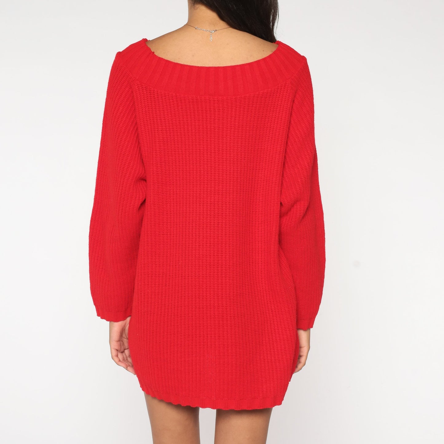 80s Red Ribbed Knit Sweater Wide Neckline Slouchy Pullover Large L