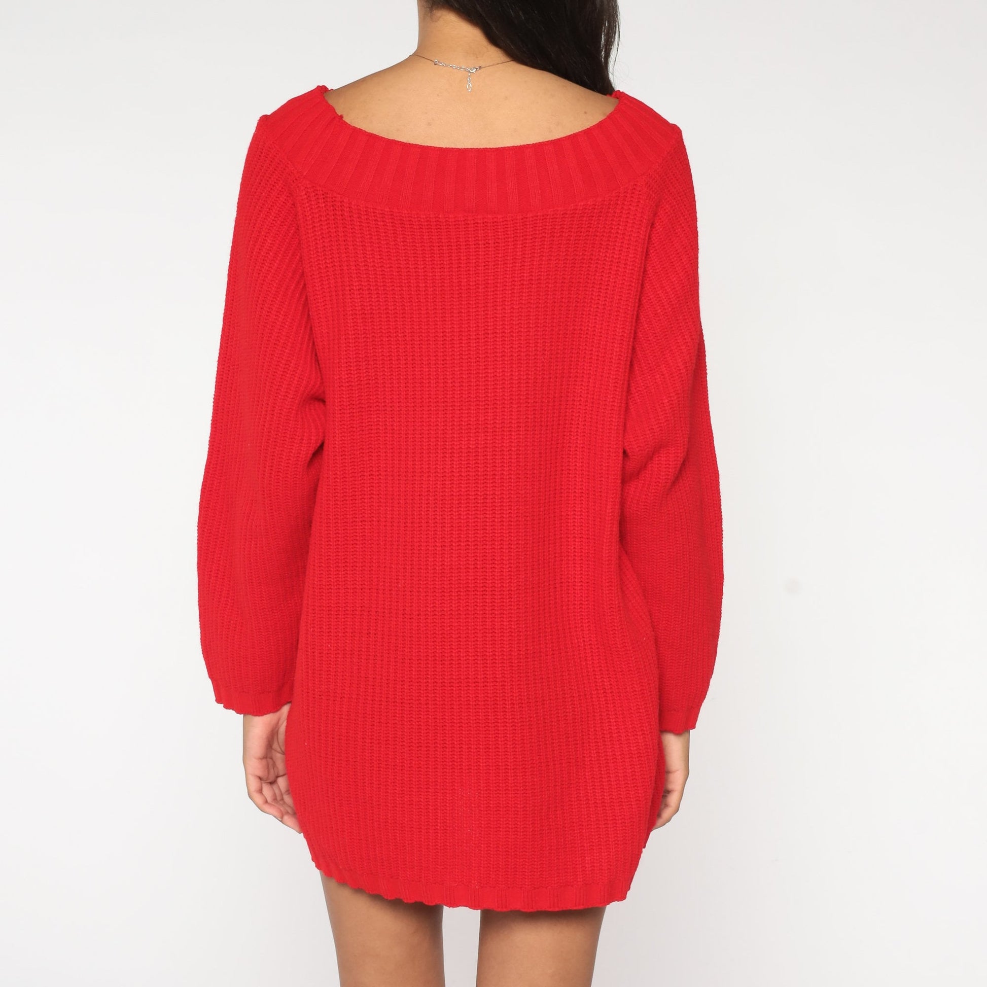 80s Red Ribbed Knit Sweater Wide Neckline Slouchy Pullover Large L