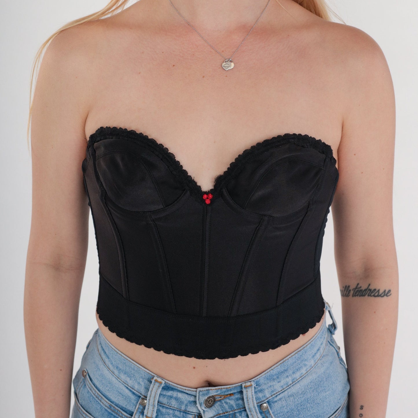 80s Black Boned Bustier Corset Strapless Sweetheart Scalloped Rosette 34A XS