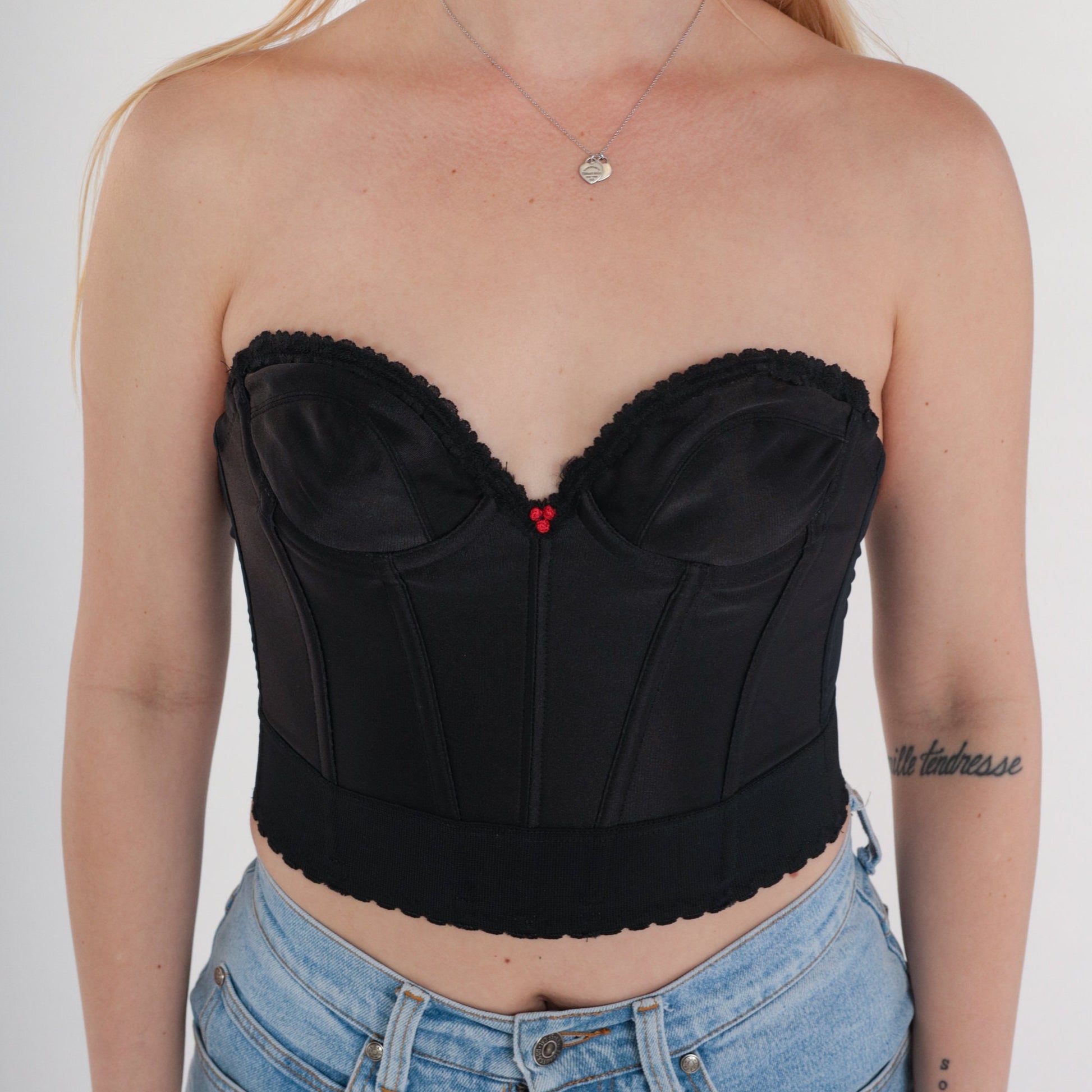80s Black Boned Bustier Corset Strapless Sweetheart Scalloped Rosette 34A XS