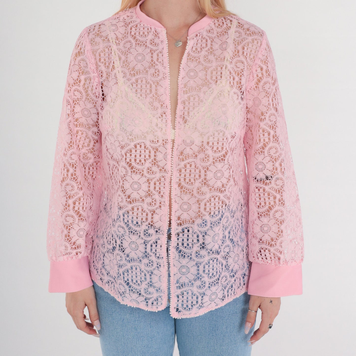 70s Pink Lace Blouse Sheer Floral Long Sleeve Open Front Medium M