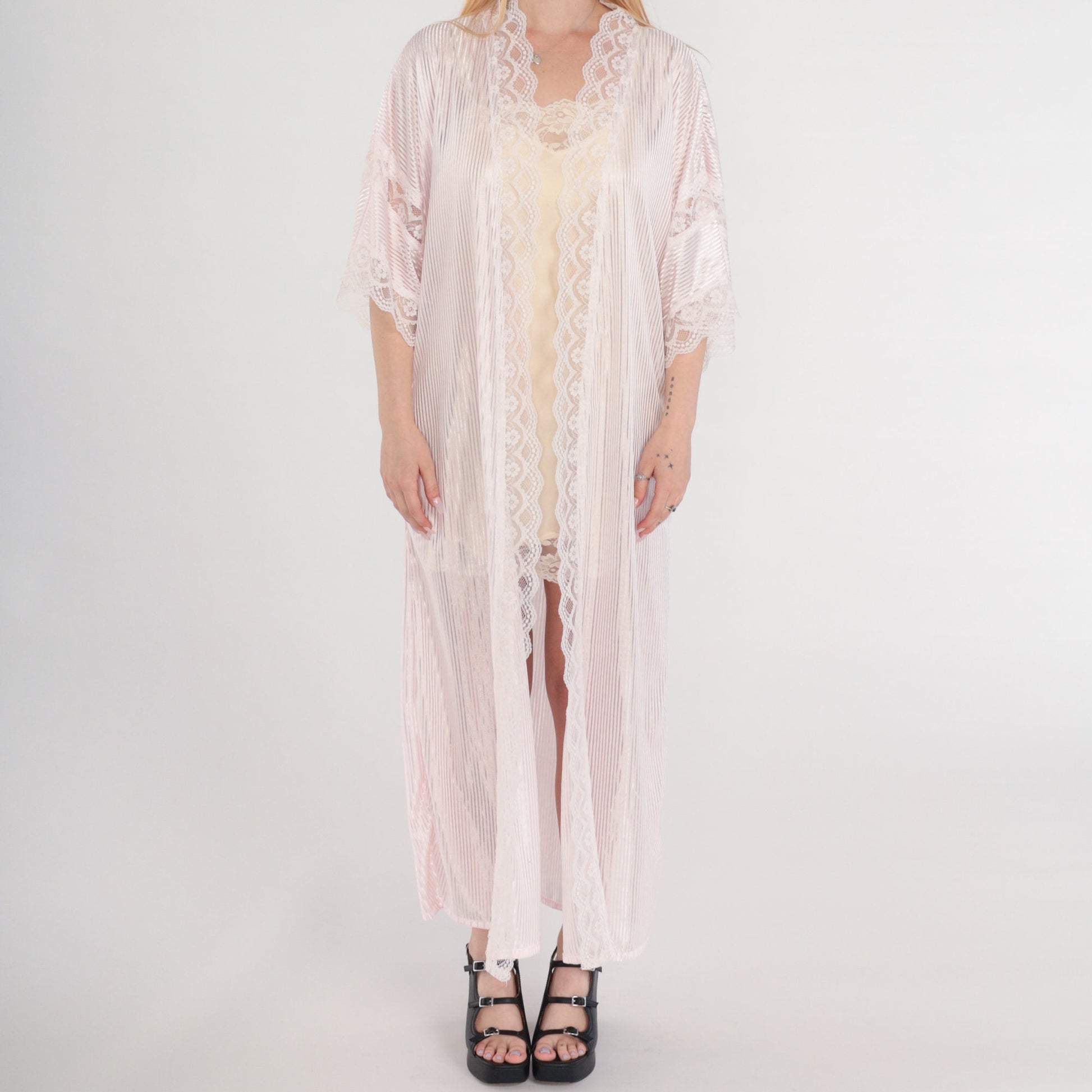 80s Fredricks of Hollywood Pink Lace Maxi Robe Semi-Sheer Open Front Medium