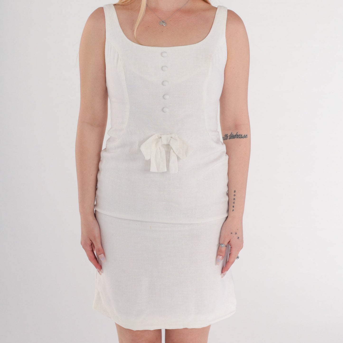 60s White Linen Pencil Dress Sleeveless Bow Mini Sheath Extra Small