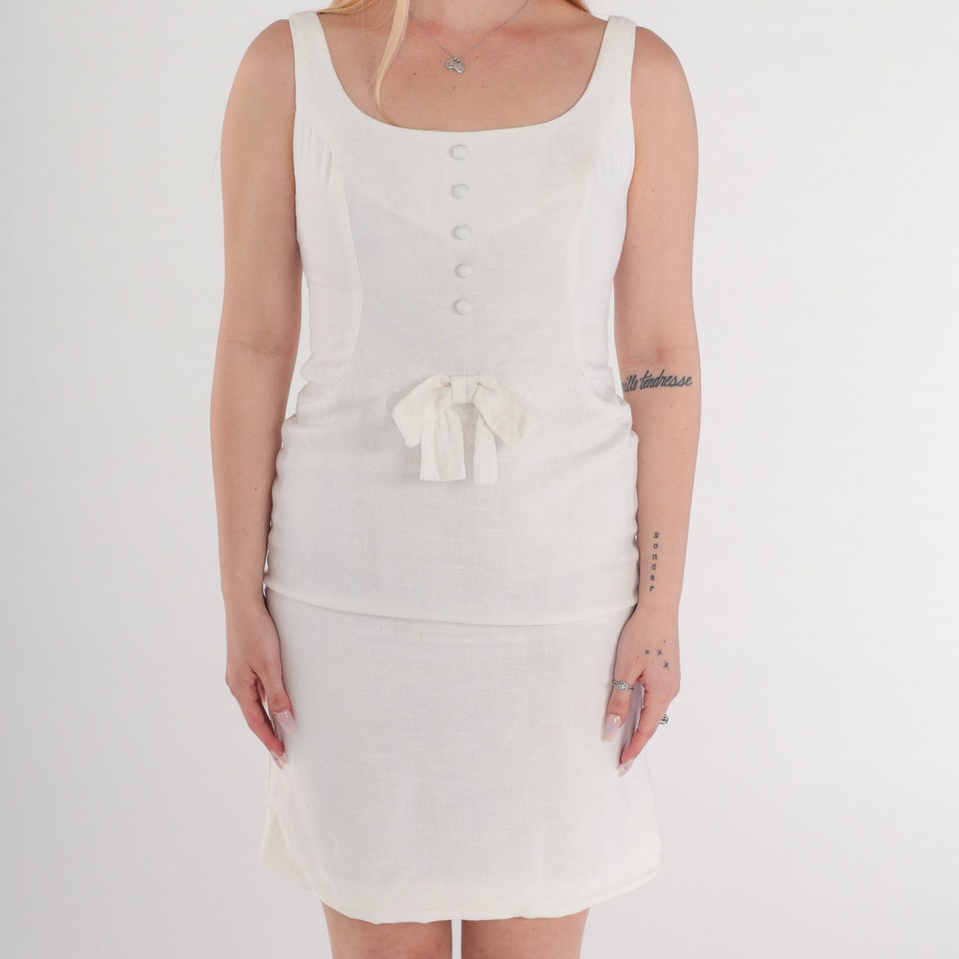 60s White Linen Pencil Dress Sleeveless Bow Mini Sheath Extra Small