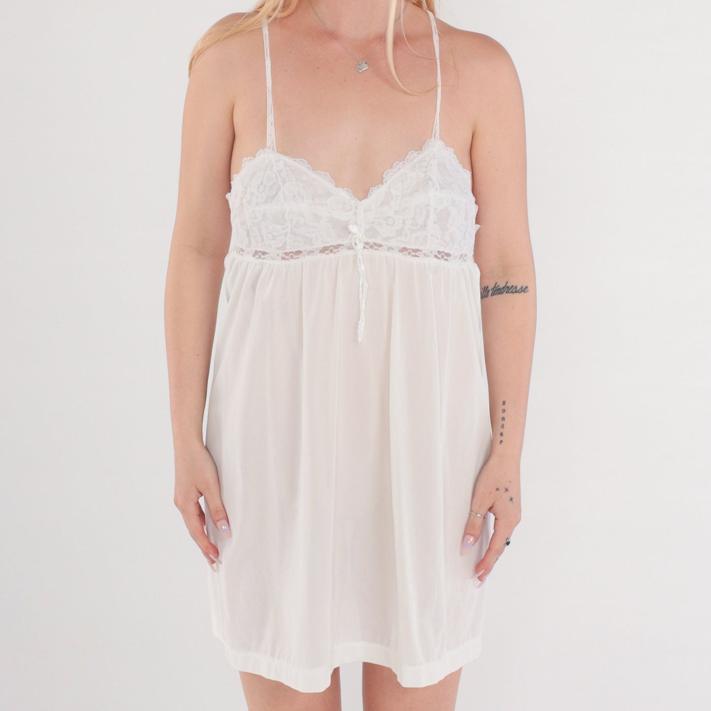 70s White Babydoll Nightgown Lace Trim Empire Waist Spaghetti Strap Mini Slip Dress Large