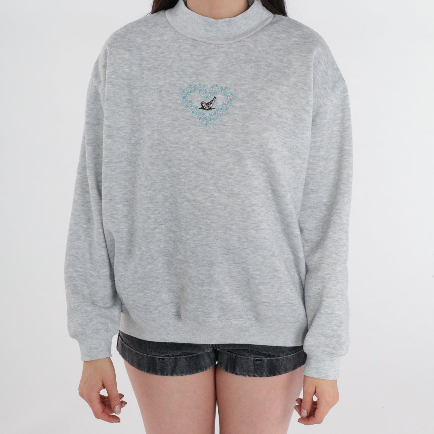 90s Bird Embroidered Sweatshirt Grey Floral Heart Mock Neck Medium
