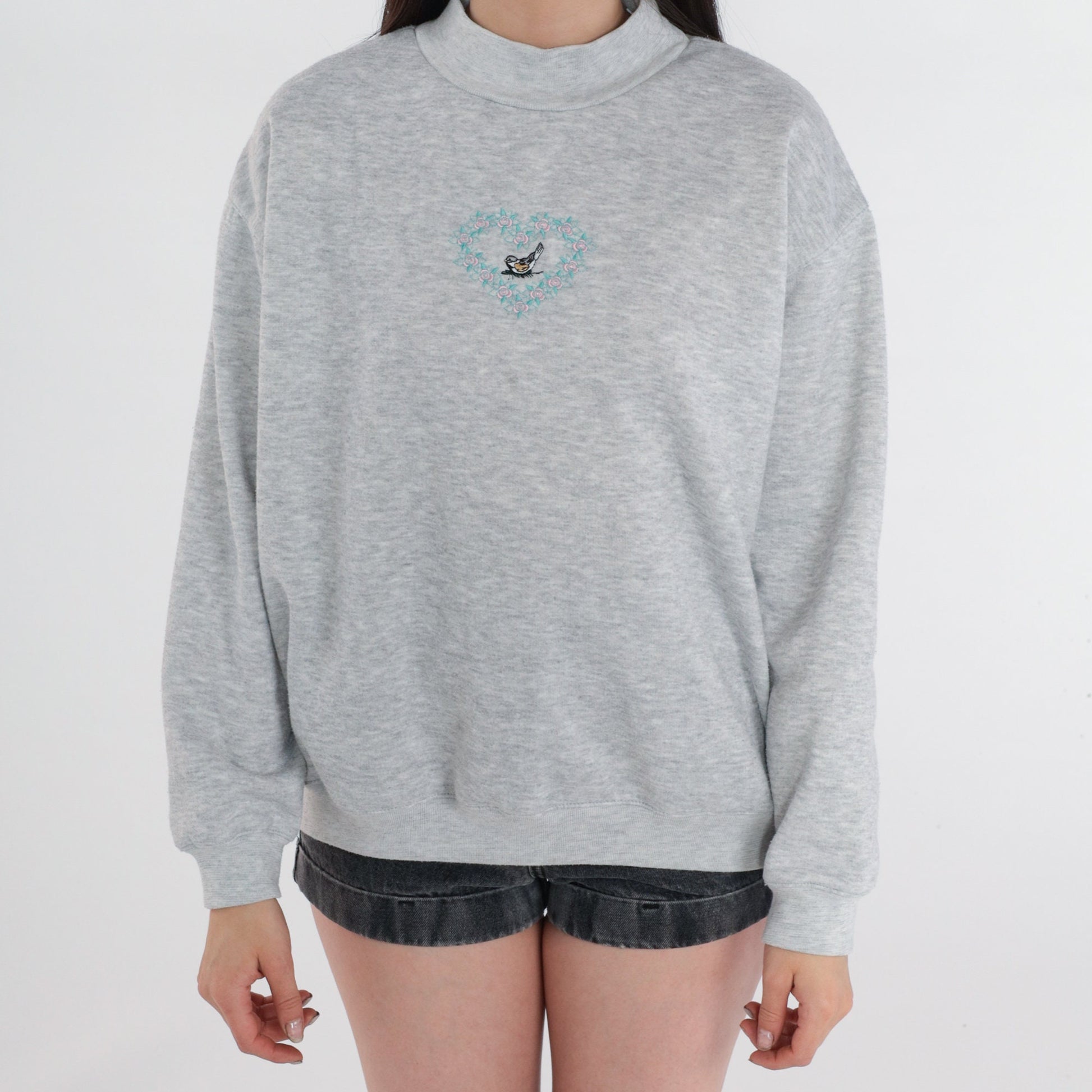 90s Bird Embroidered Sweatshirt Grey Floral Heart Mock Neck Medium