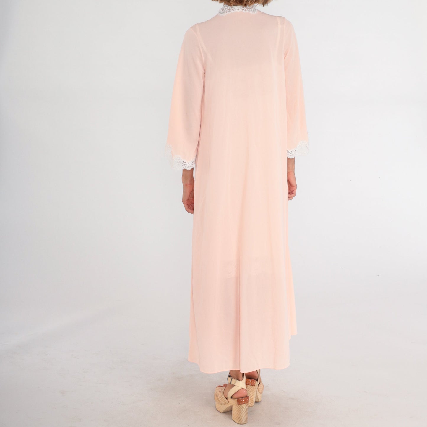 70s Pink Lace Trim Pajama Robe Maxi Button Front Nightgown Small Medium