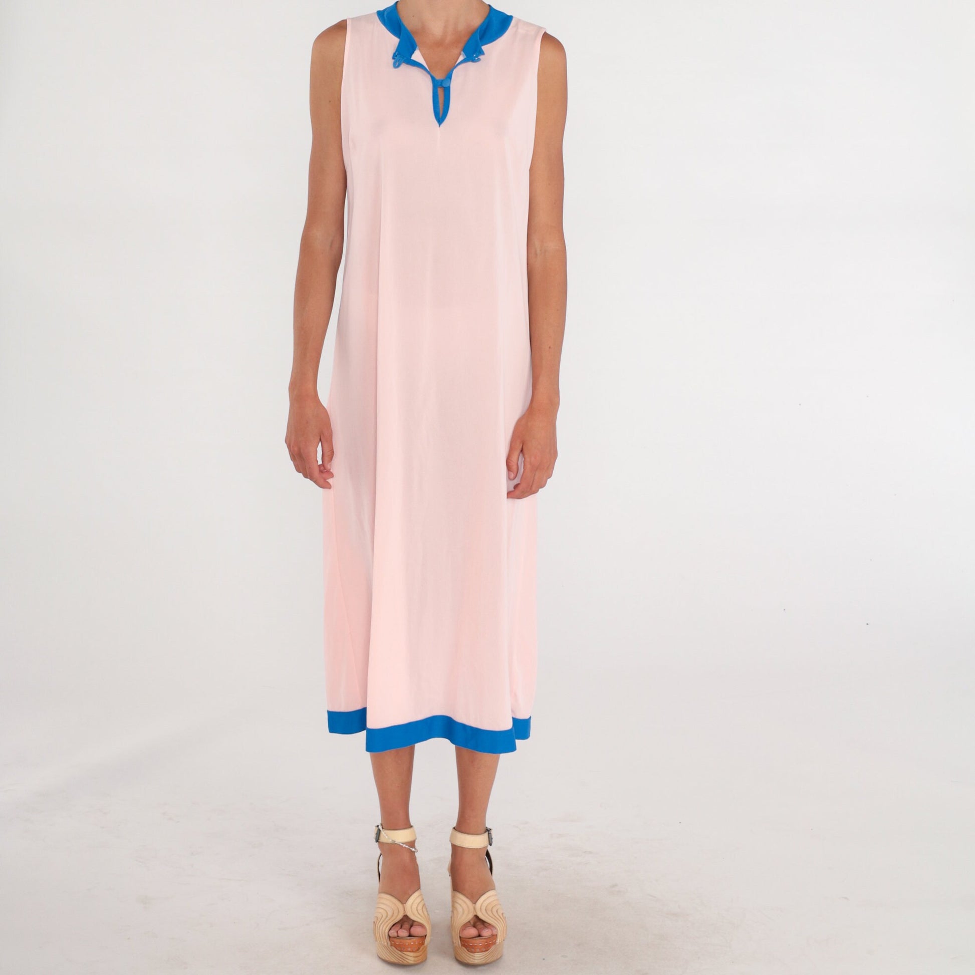 70s Pink Midi Dress Blue Trim Sleeveless Button-Up Column Large L