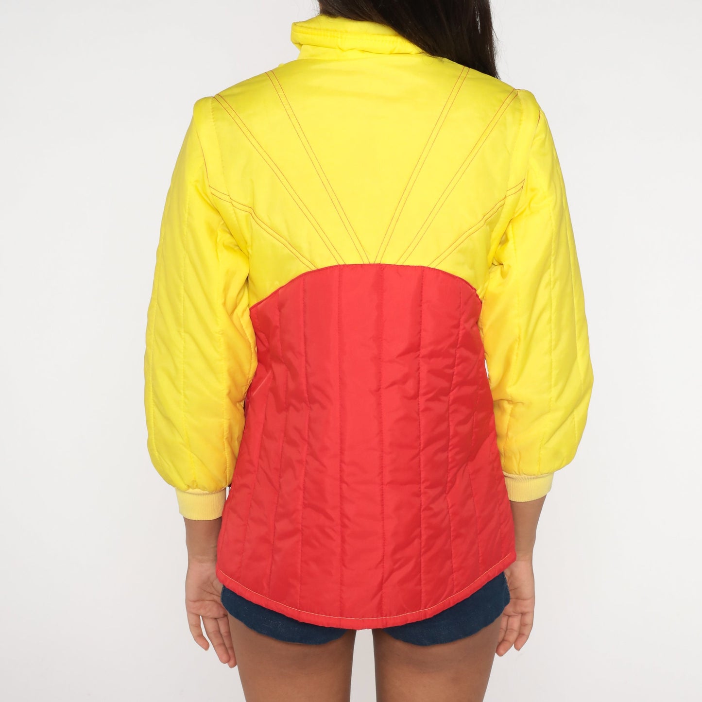 70s Yellow Red Colour Block Puffer Ski Jacket Convertible Zip Sleeves Extra Small