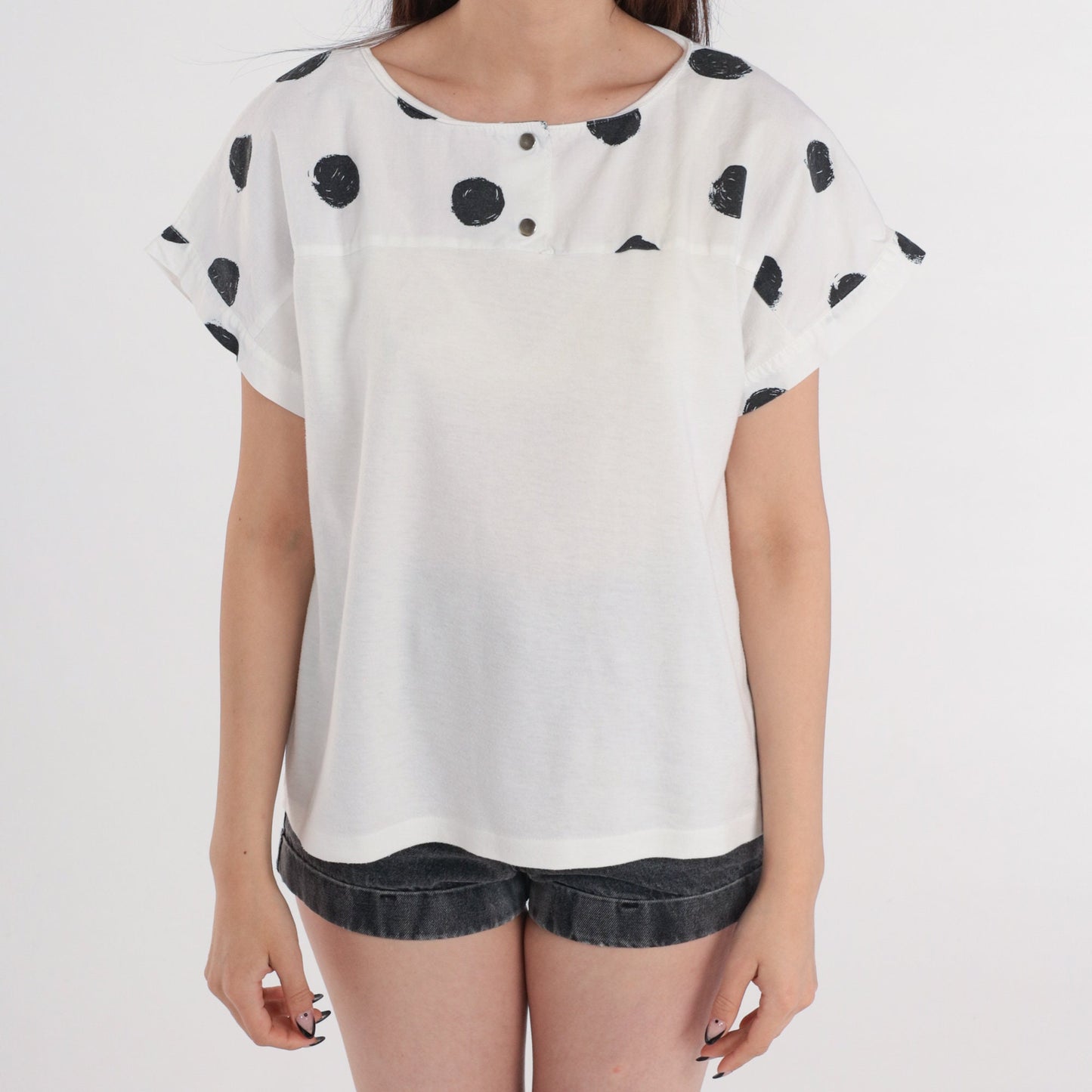 90s Polka Dot Henley Shirt White Black Short Sleeve Button Tee Medium