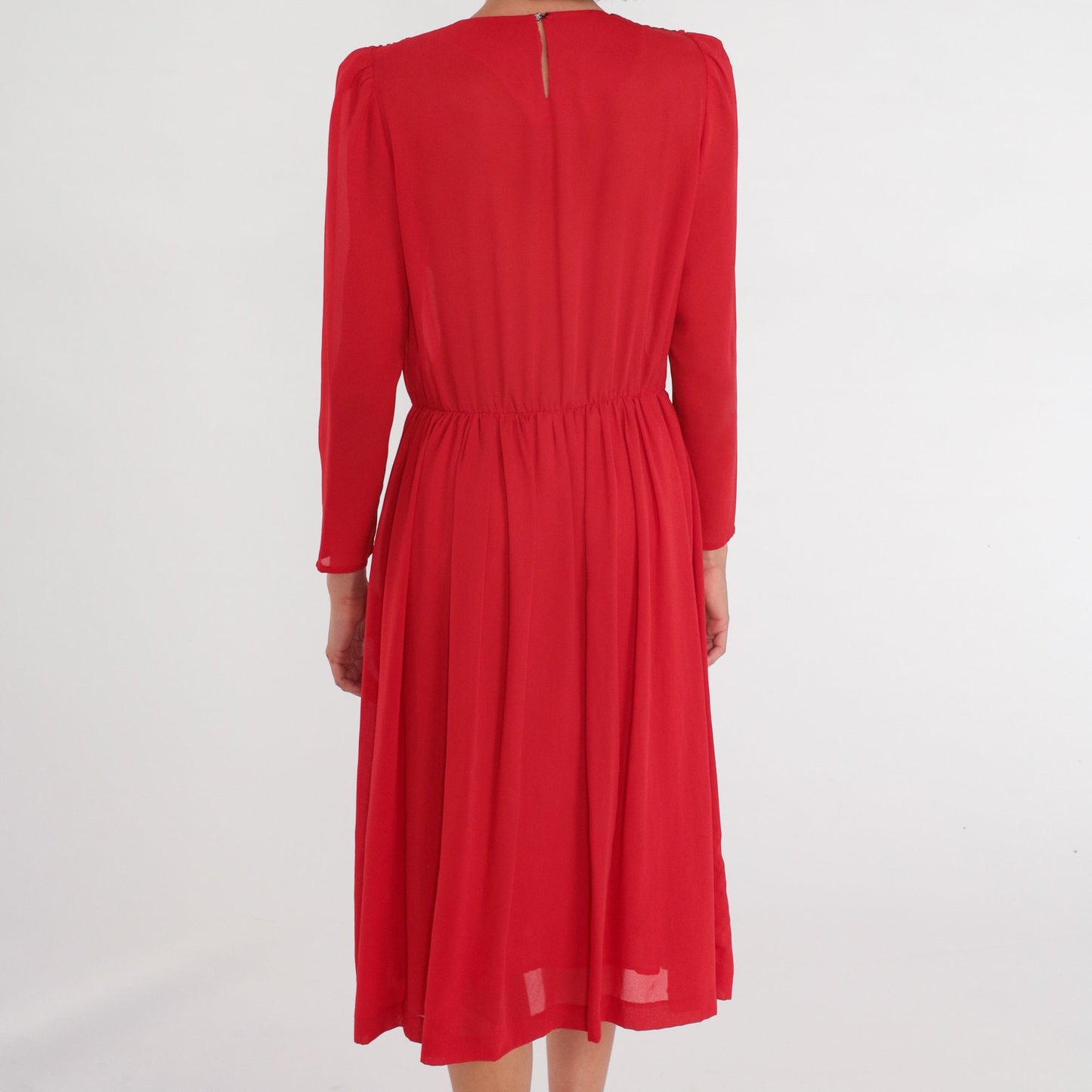 70s Red Disco Midi Dress Draped Cowl Neck Puff Sleeve High Waist Medium