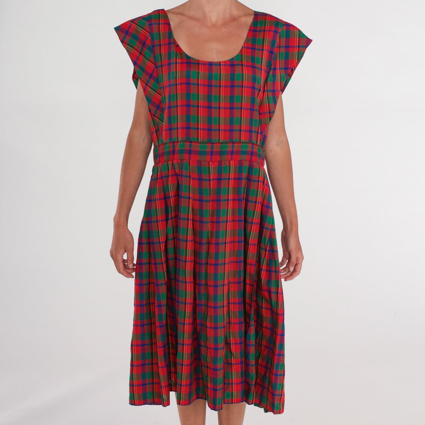 80s Red Green Plaid Pinafore Midi Dress High Waist Cap Sleeve Extra Large XXL