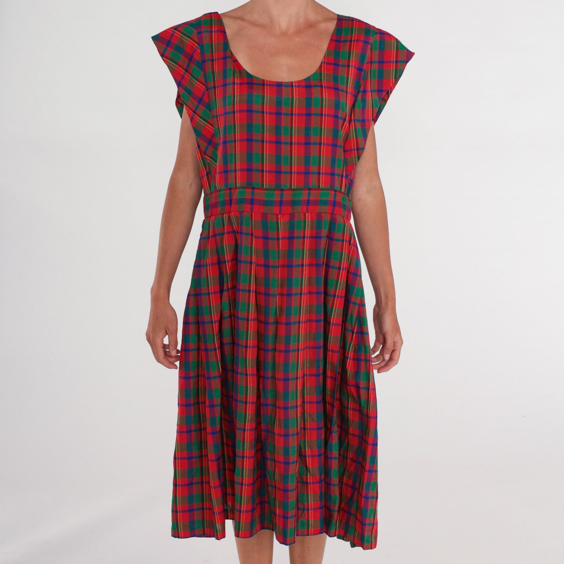 80s Red Green Plaid Pinafore Midi Dress High Waist Cap Sleeve Extra Large XXL