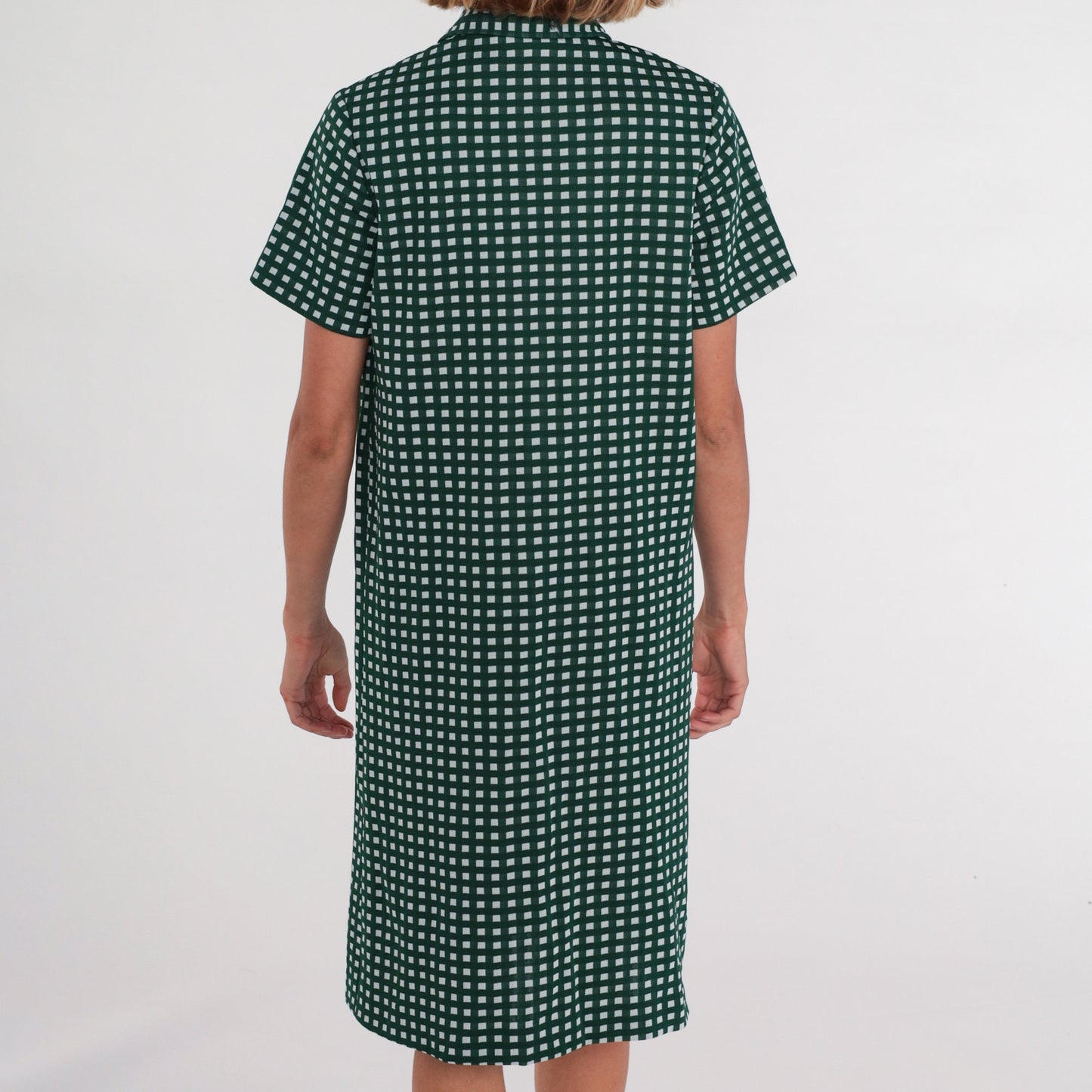 70s Mod Checkered Shift Dress Green White Dagger Collar Zip Front Knee Length Large L
