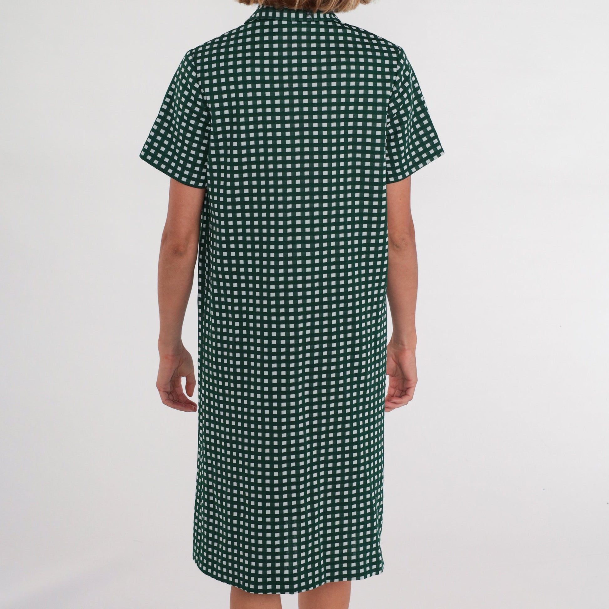 70s Mod Checkered Shift Dress Green White Dagger Collar Zip Front Knee Length Large L