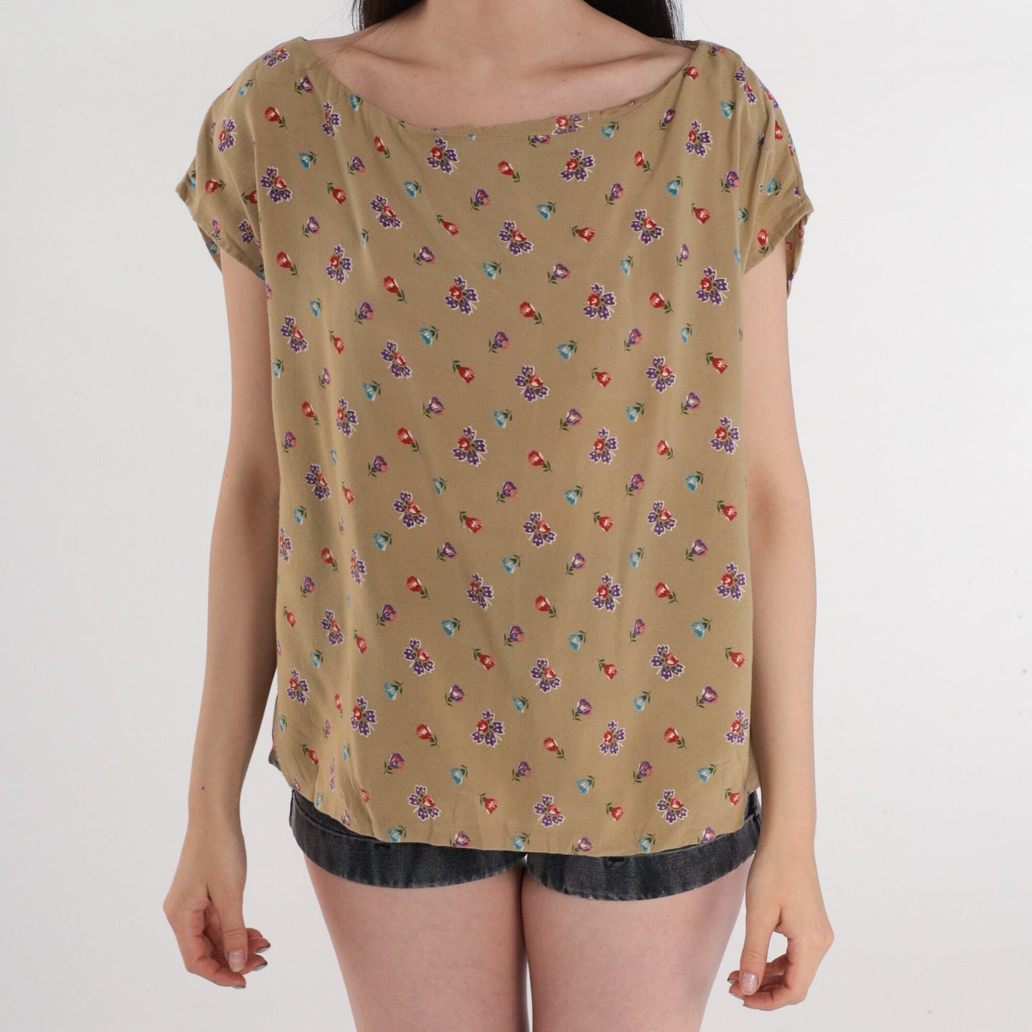 80s Floral Cap Sleeve Blouse Taupe Rayon Flower Print Top Large L