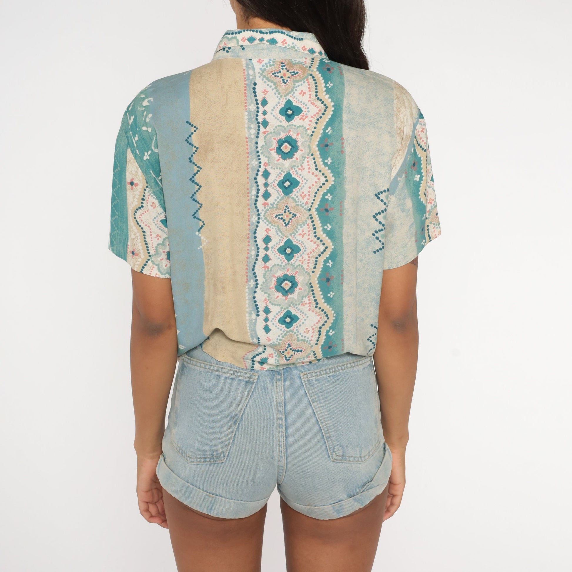 80s Geometric Striped Rayon Blouse Tie Waist Button Up Blue Green Medium