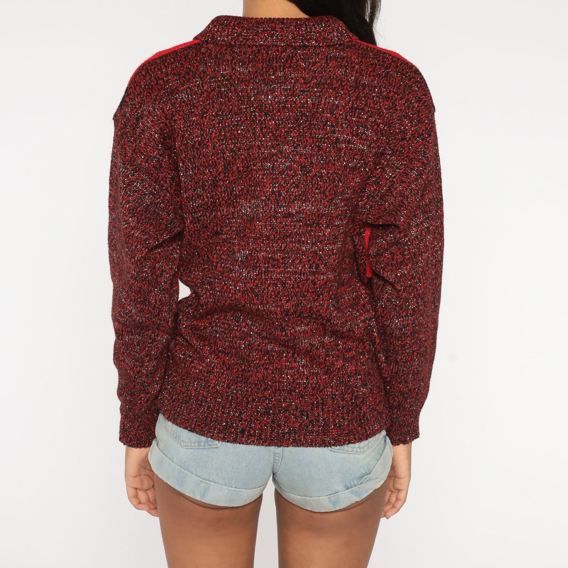 80s Metallic Red Diamond Jacquard Knit Sweater Collared Pullover Small S