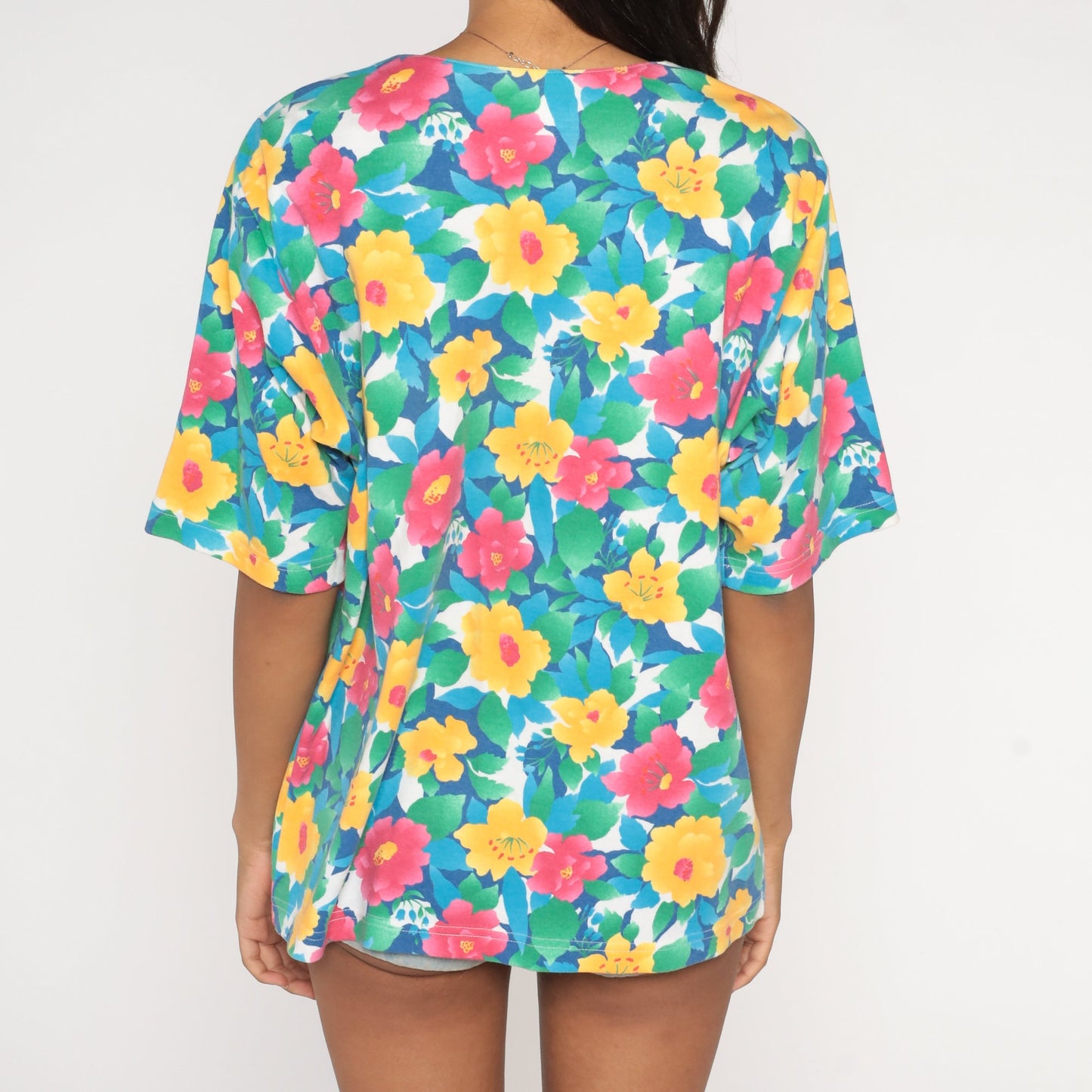 90s Floral Button Up Blouse Scalloped Neckline Short Sleeve Pink Yellow Blue Large L