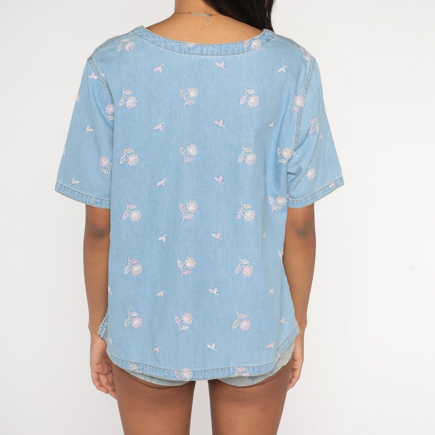 90s Blue Denim Floral Embroidered Shirt Short Sleeve Pullover Extra Large
