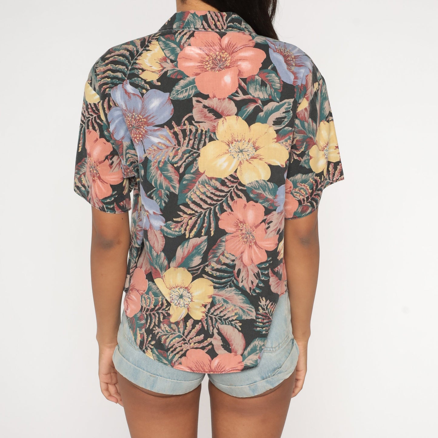 90s Tropical Floral Button-Up Blouse Short Sleeve Purple Yellow Orange Green Medium Large