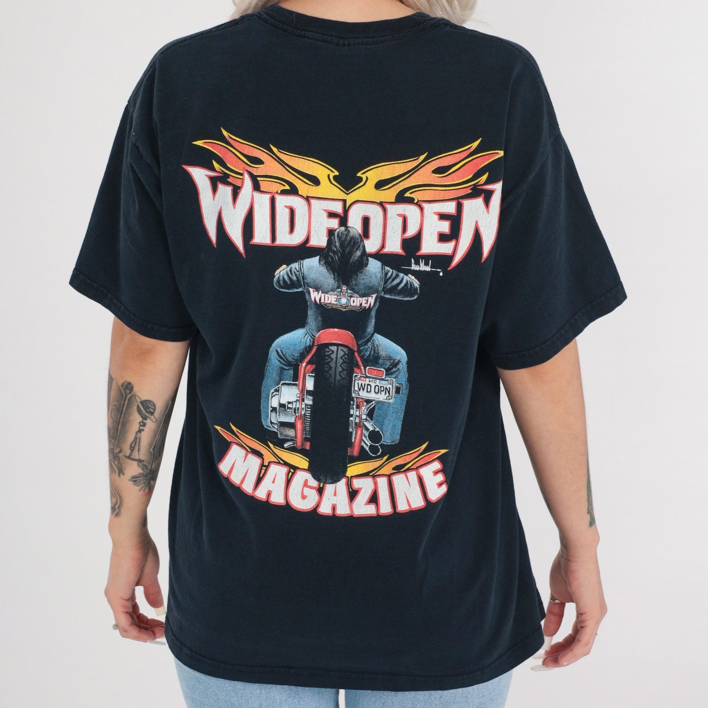 00s Wide Open Magazine Biker Graphic T-Shirt Black Flames Motorcycle Tee Large L