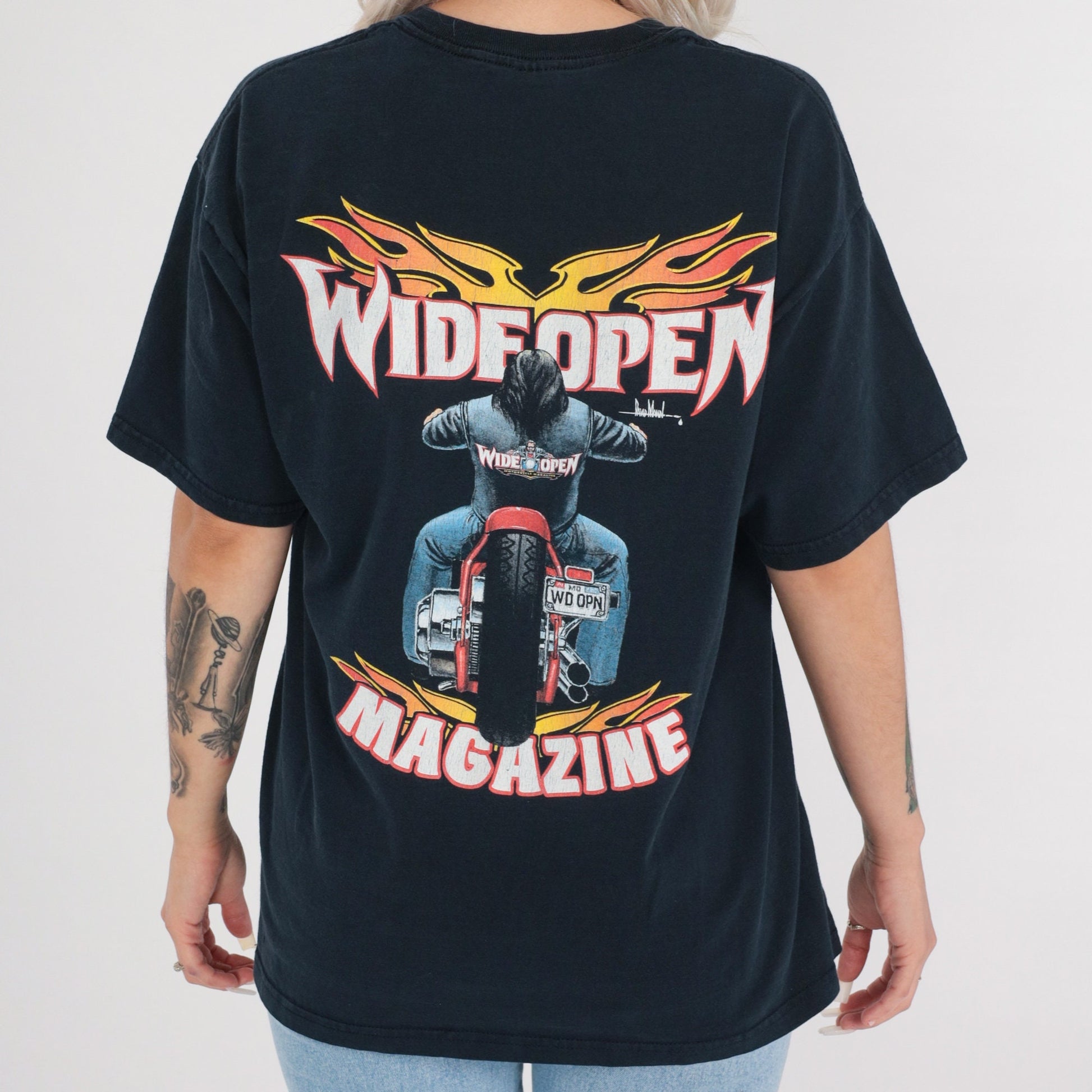 00s Wide Open Magazine Biker Graphic T-Shirt Black Flames Motorcycle Tee Large L