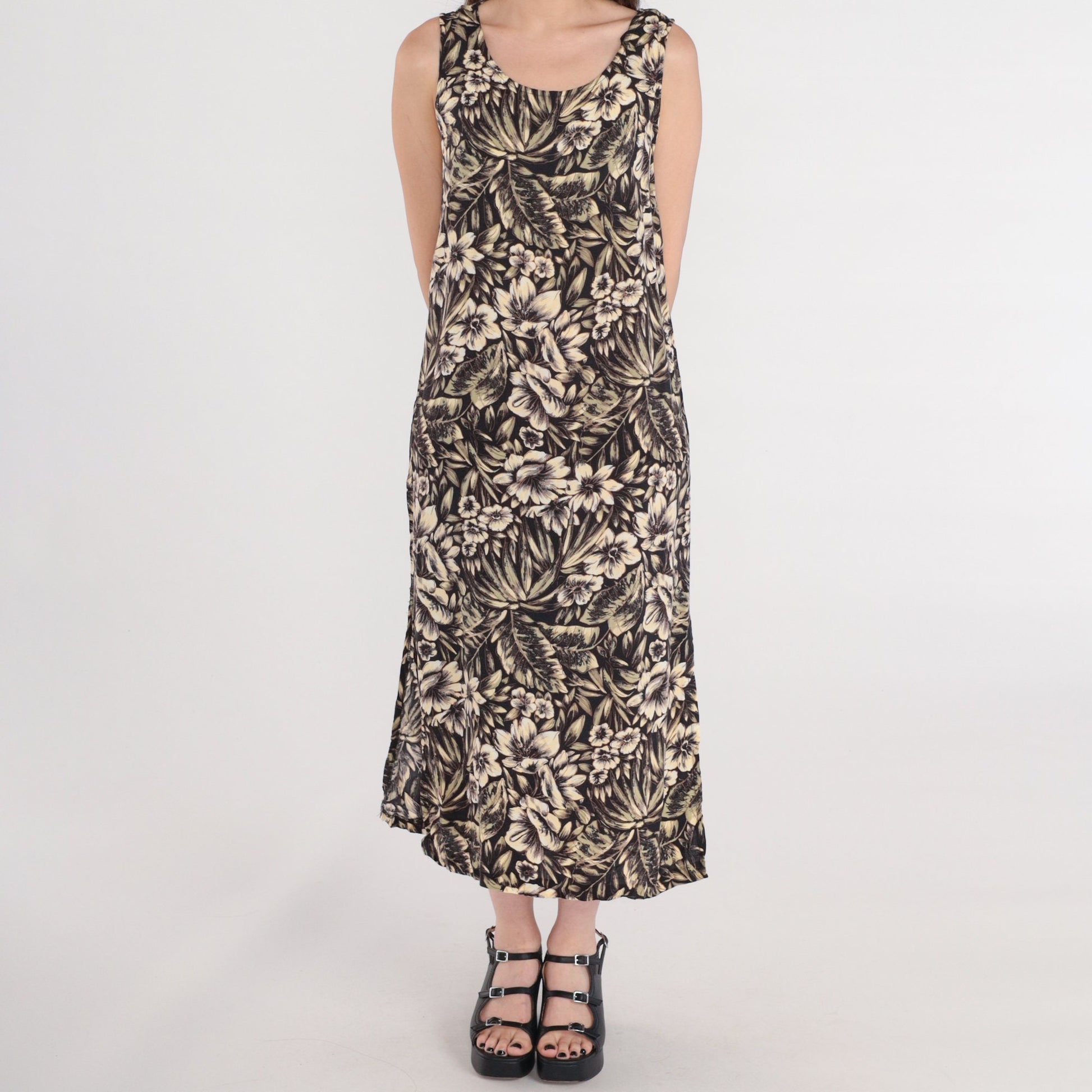90s Black Floral Midi Dress Tropical Hibiscus Leaf Print Sleeveless Medium M
