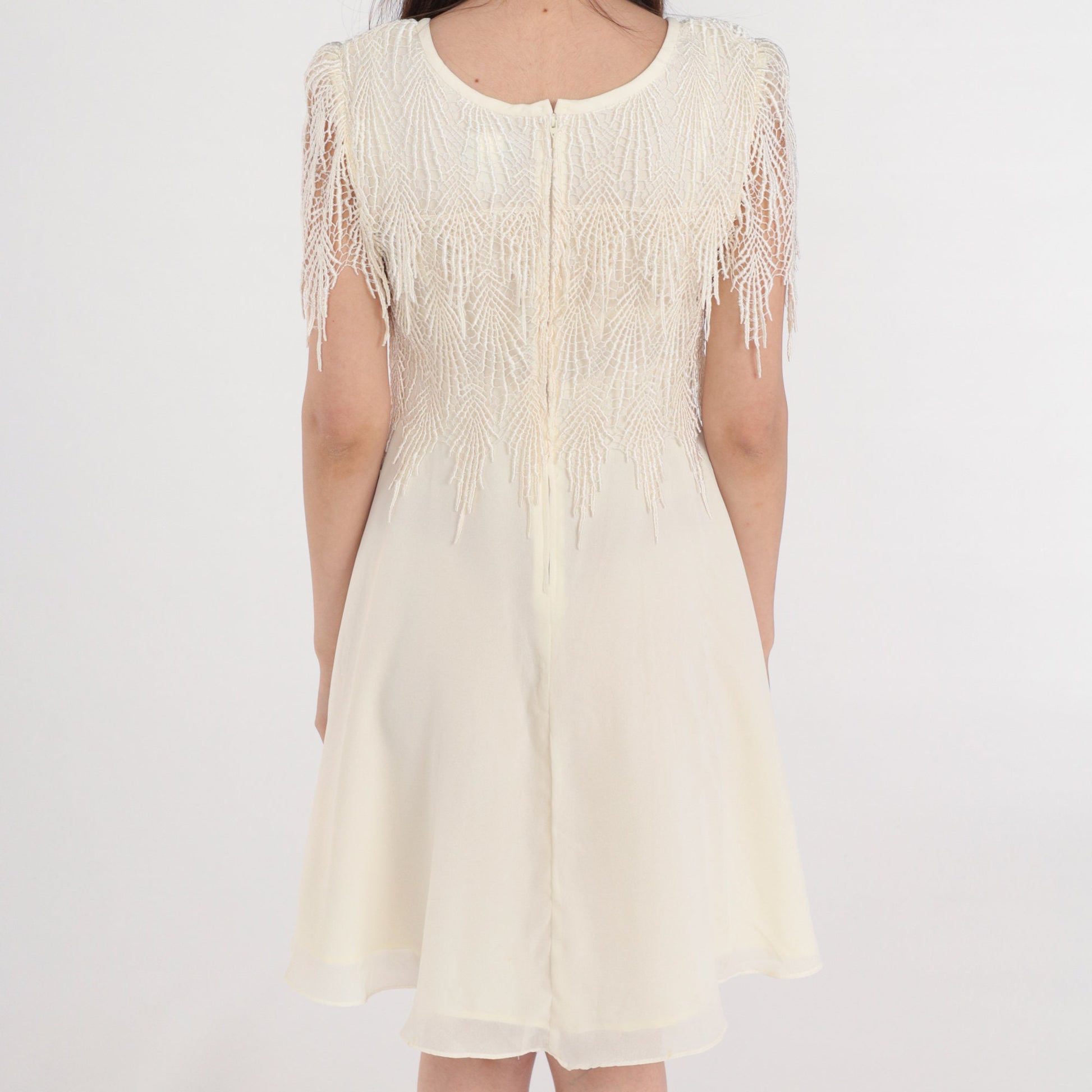 90s Cream Mini Dress Crochet Fringe Capelet Short Sleeve Small