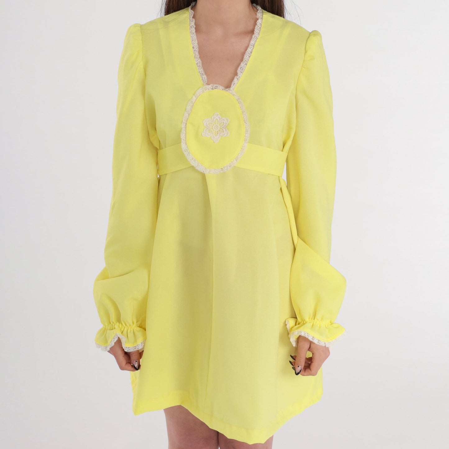 70s Yellow Babydoll Mini Dress Empire Waist Puff Sleeve Floral Small