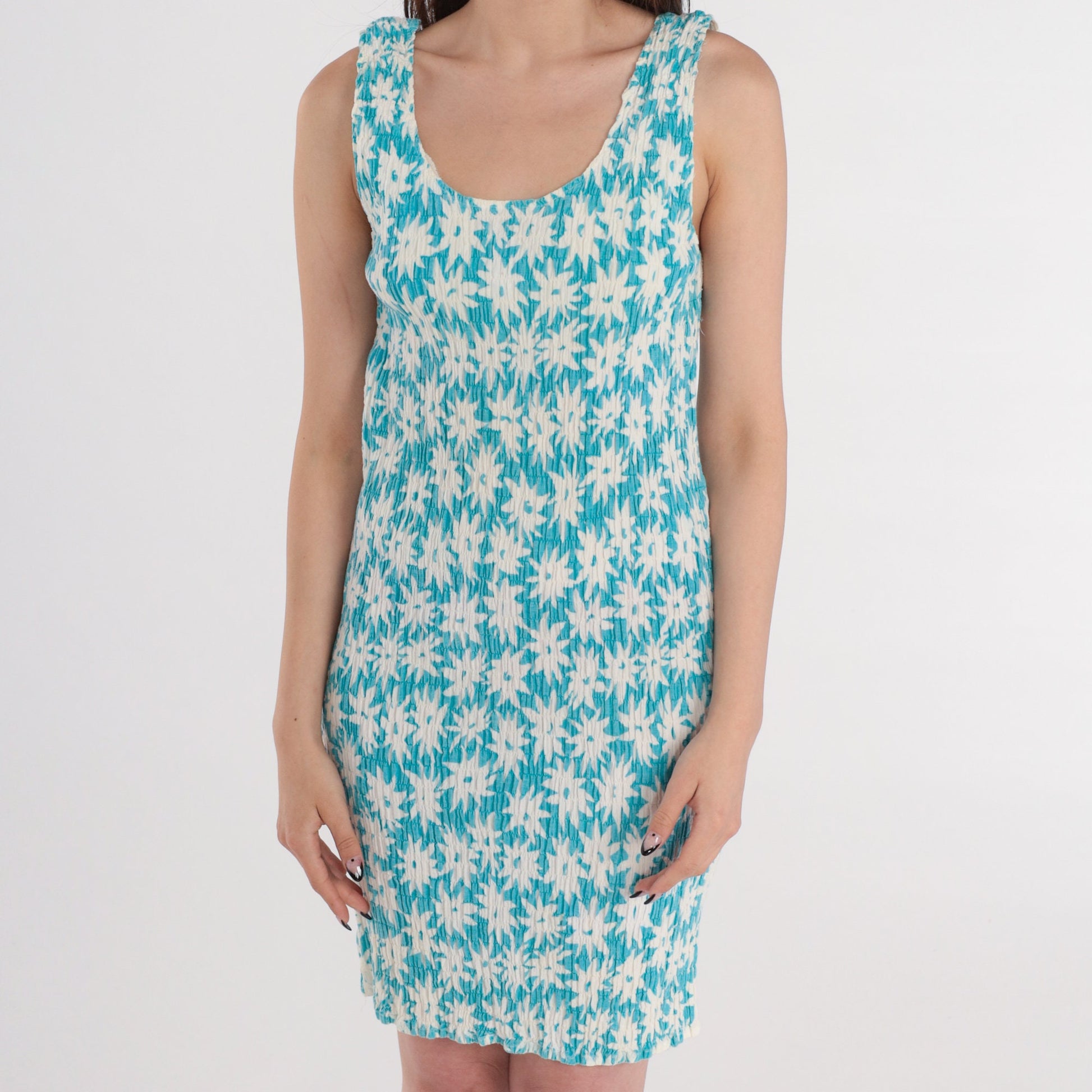 90s Blue Floral Daisy Smocked Mini Dress Sleeveless Sheath Small Medium