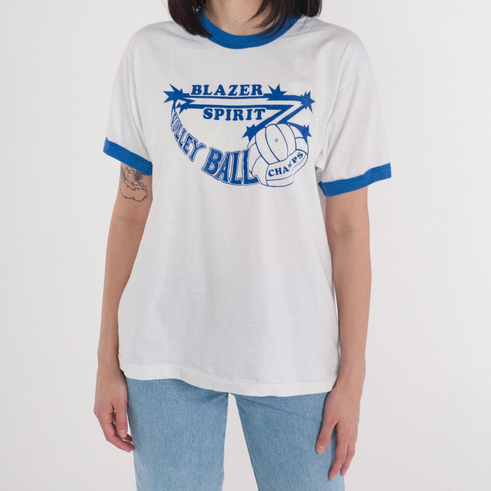 90s Screen Stars UAB Volleyball Ringer Tee White Blue Trim Extra Large XL