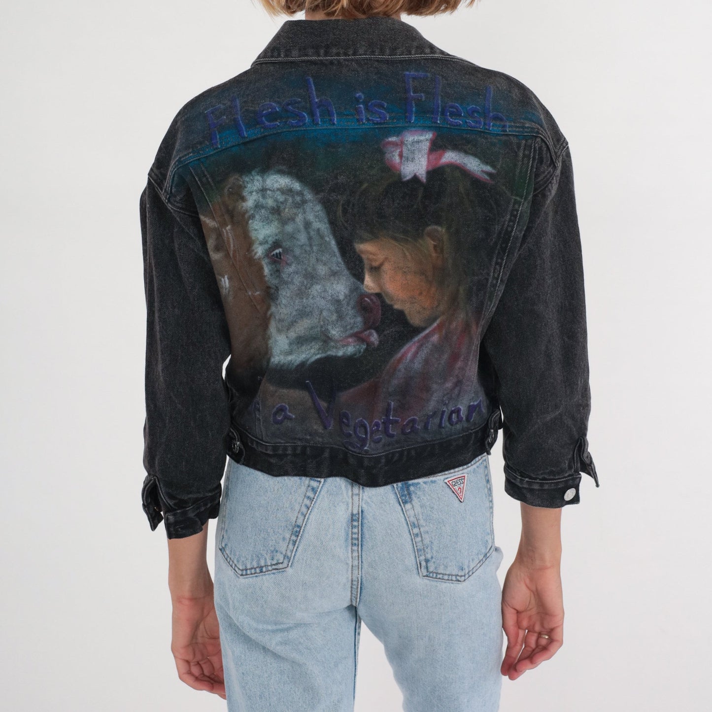 90s Guess Black Denim Jacket Cropped Airbrushed Vegetarian Print Medium