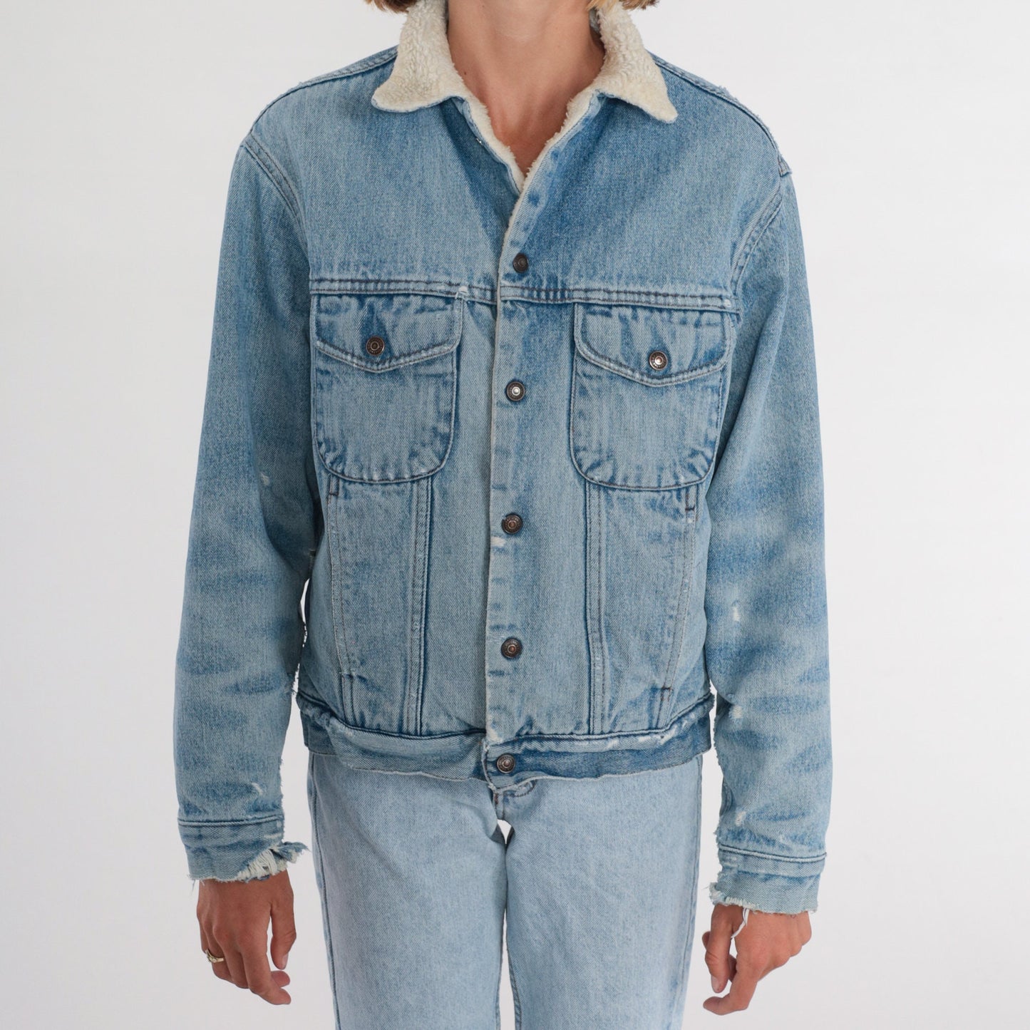 90s Gap Denim Jacket Blue Shearling Lined Snap Front Small S