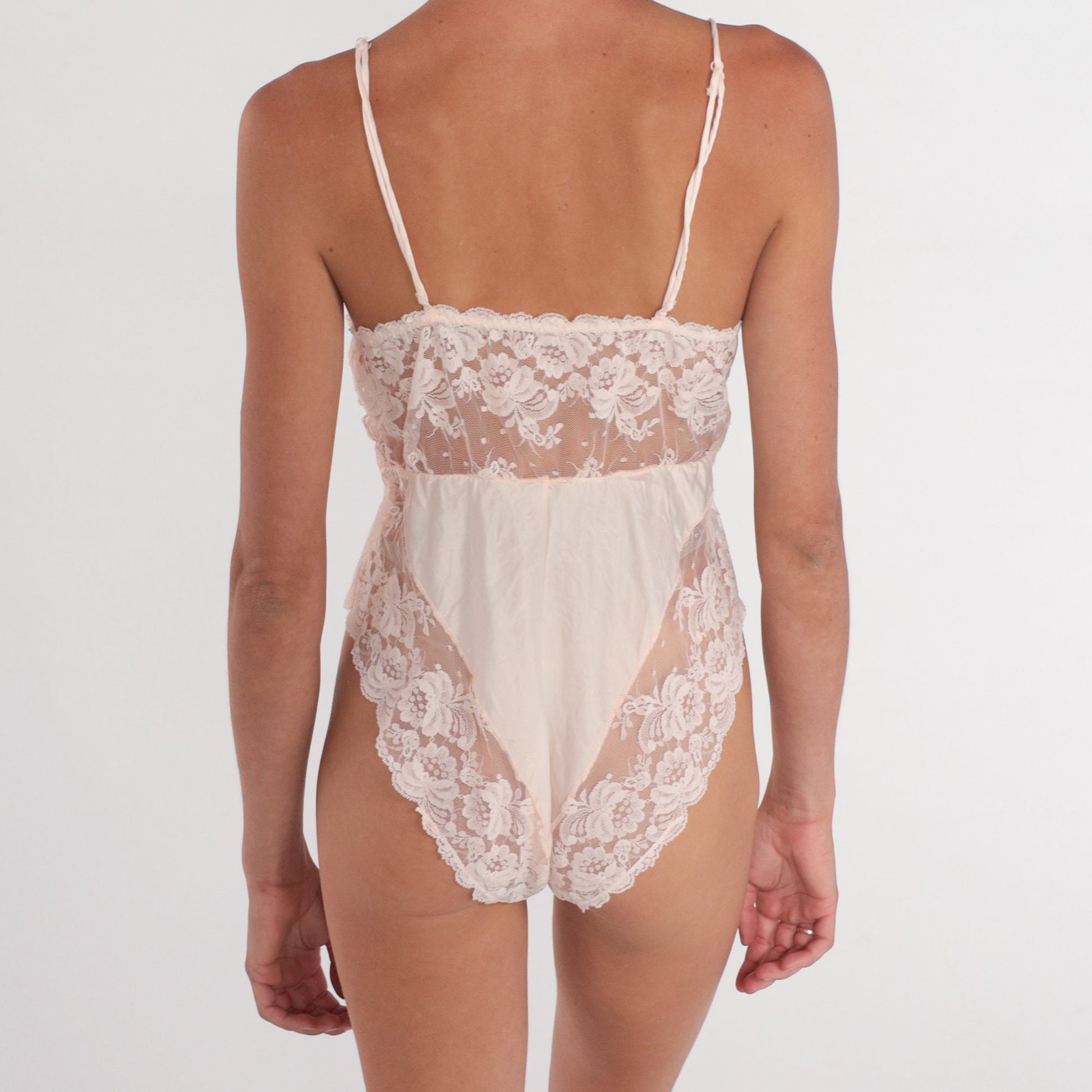 90s Barbizon Pink Lace Bodysuit Teddy V Neck Sheer Floral Medium M