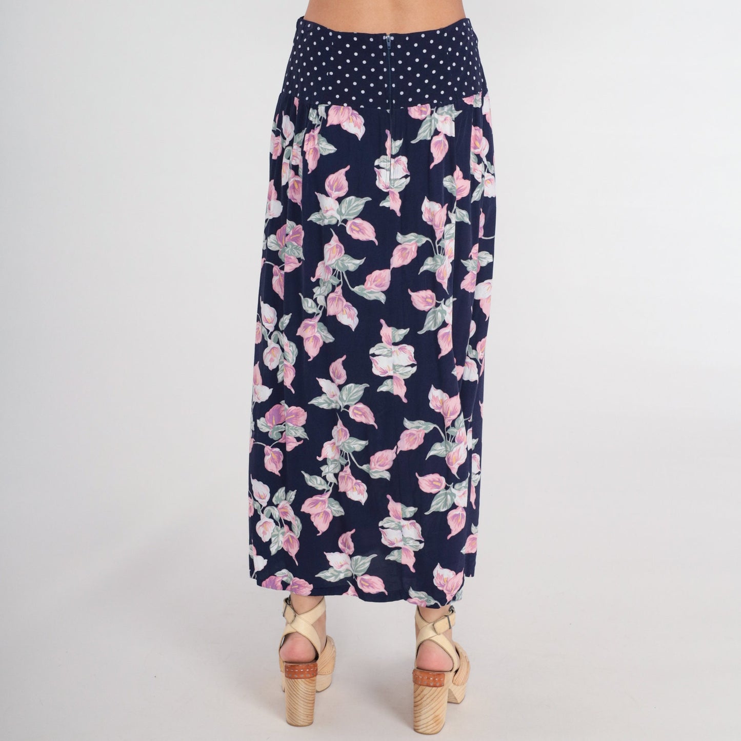 80s Navy Polka Dot Floral Maxi Skirt High Waist Basque Pleated Medium M