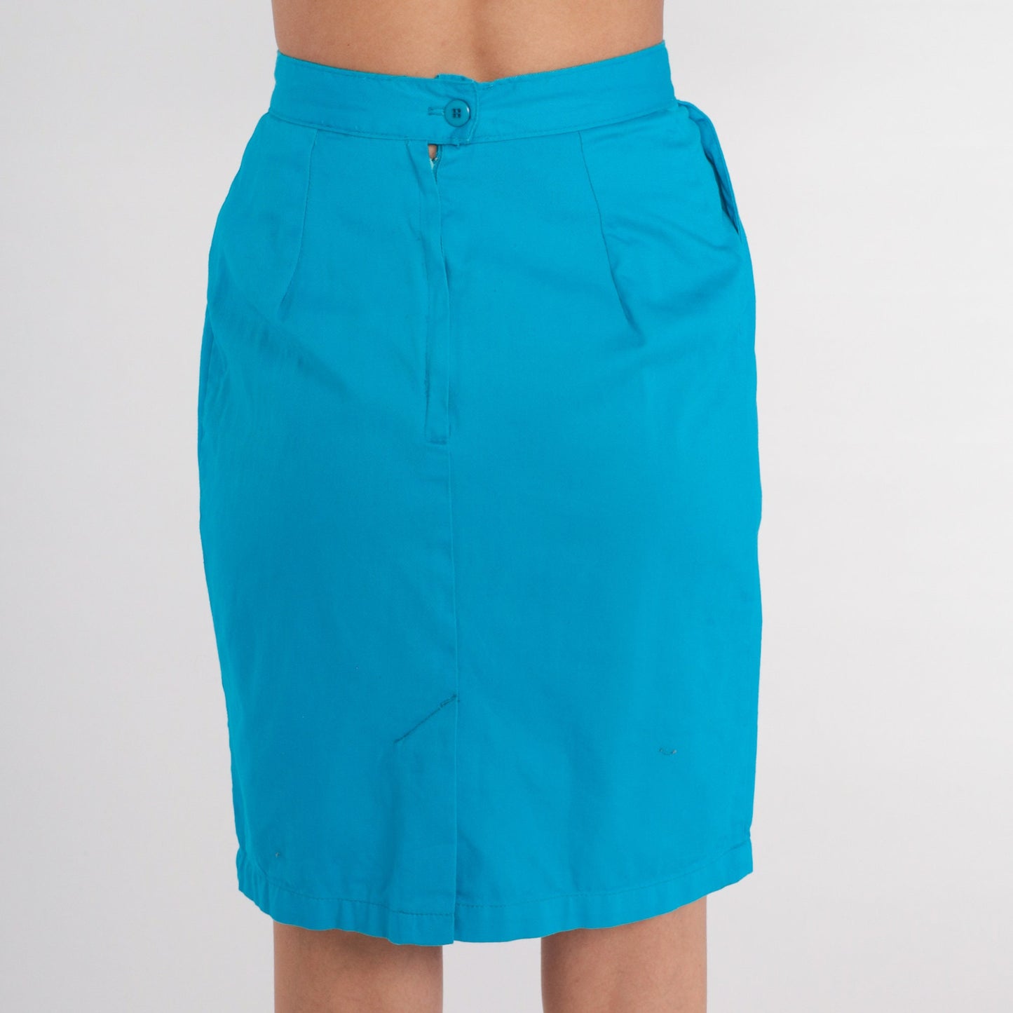 90s Blue Pencil Mini Skirt High Waist Cotton Fitted Extra Small