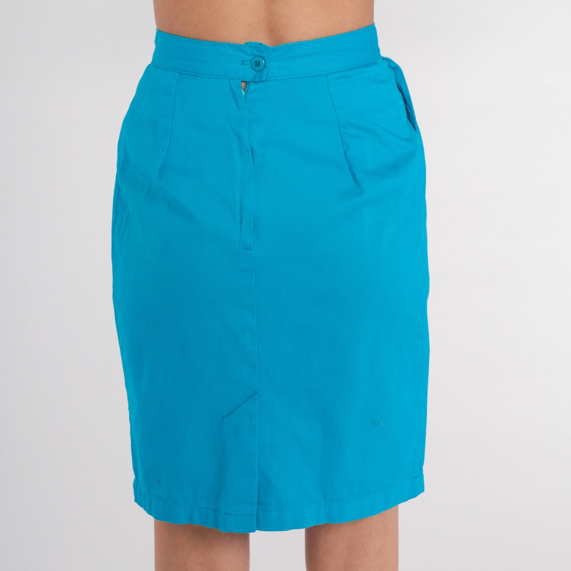 90s Blue Pencil Mini Skirt High Waist Cotton Fitted Extra Small