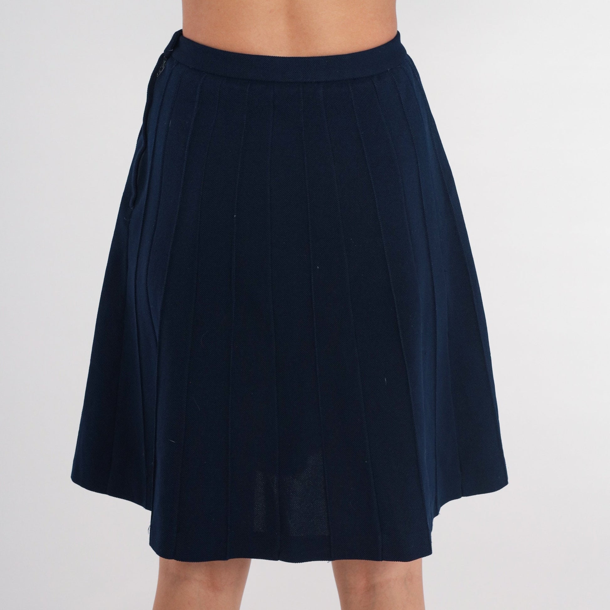 70s Navy Blue Mini Skirt High Waist A-Line Pleated Extra Small