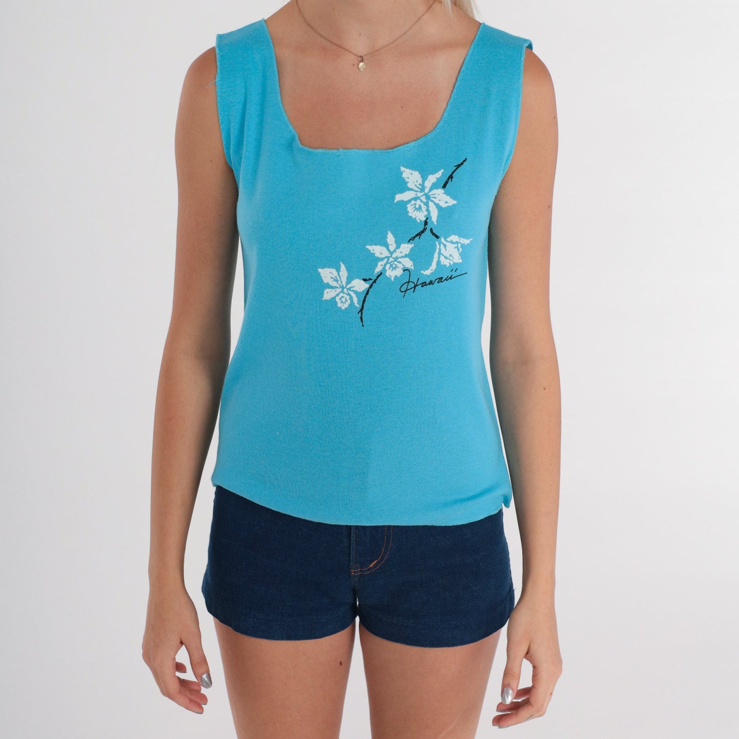 80s Hawaii Tropical Floral Tank Top Blue Orchid Graphic Sleeveless Small