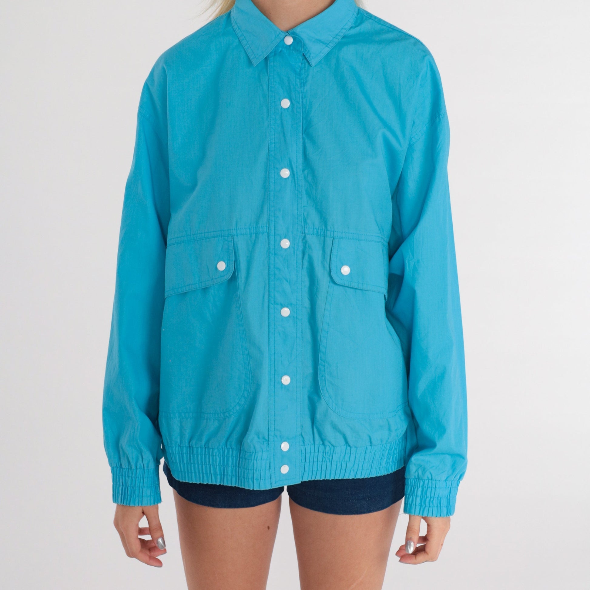 80s Koret Bright Blue Windbreaker Jacket Snap Front Medium M