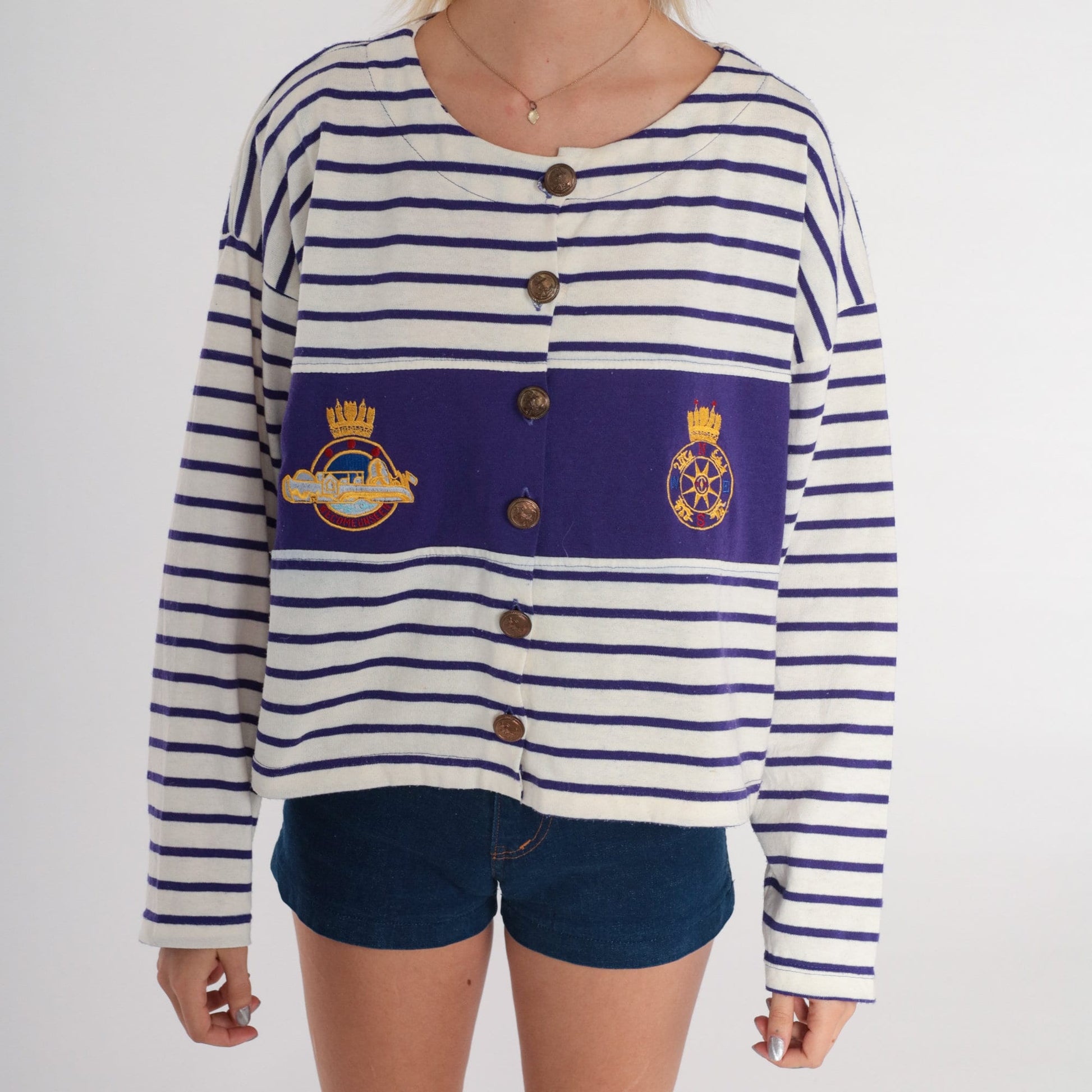 90s Royal Navy Striped Button-Up Shirt White Purple Compass Crest Medium