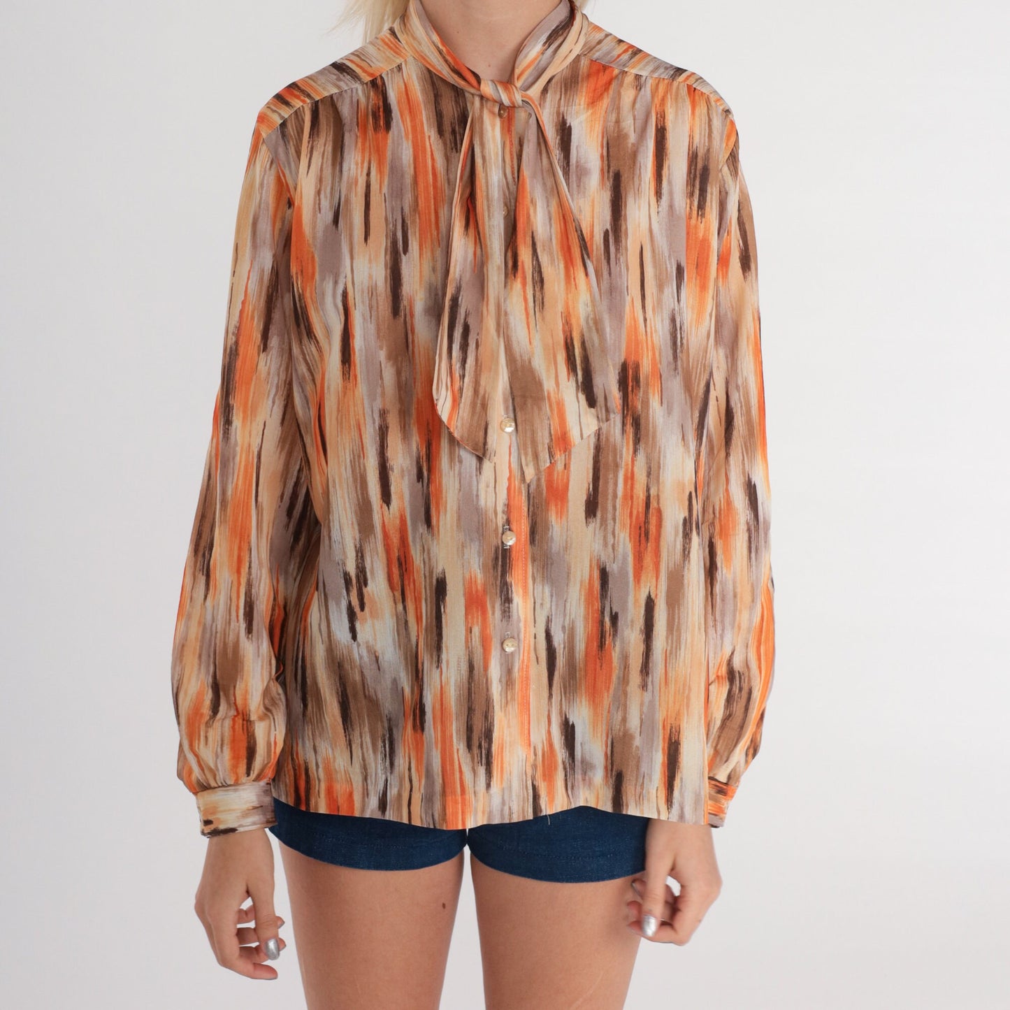 70s Ascot Blouse Brushstroke Print Button-Up Long Sleeve Orange Brown Medium