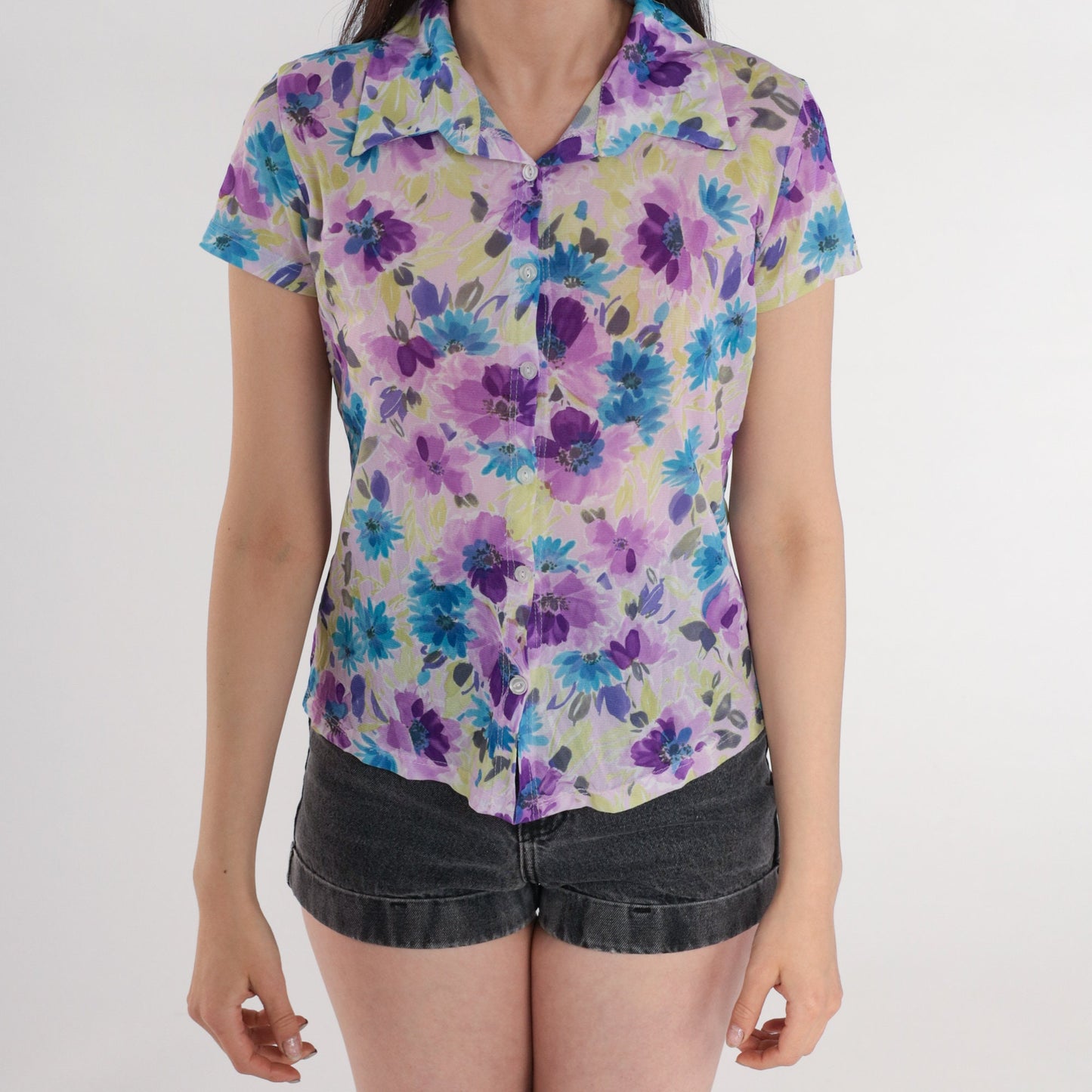 90s Floral Button Up Blouse Lavender Purple Watercolor Print Short Sleeve Small
