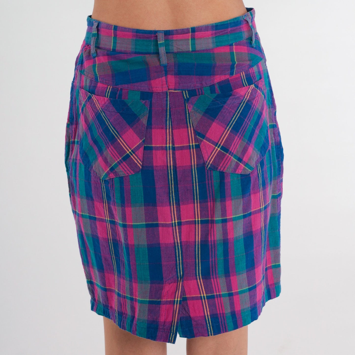90s Plaid Mini Skirt High Waisted Pencil Checkered Pink Blue Cotton Small