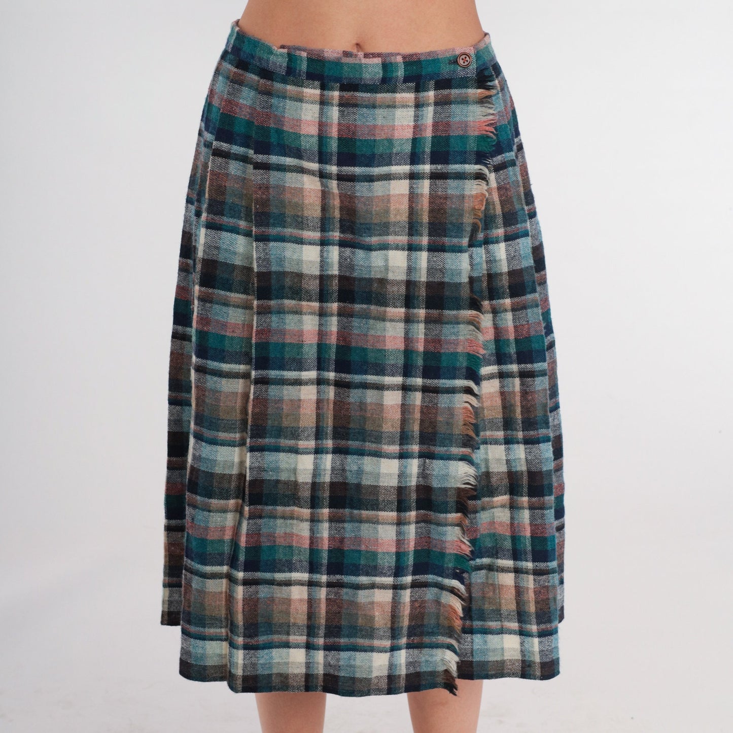 80s Plaid Wool Blend Midi Skirt High Waist Pleated Blue Green Small
