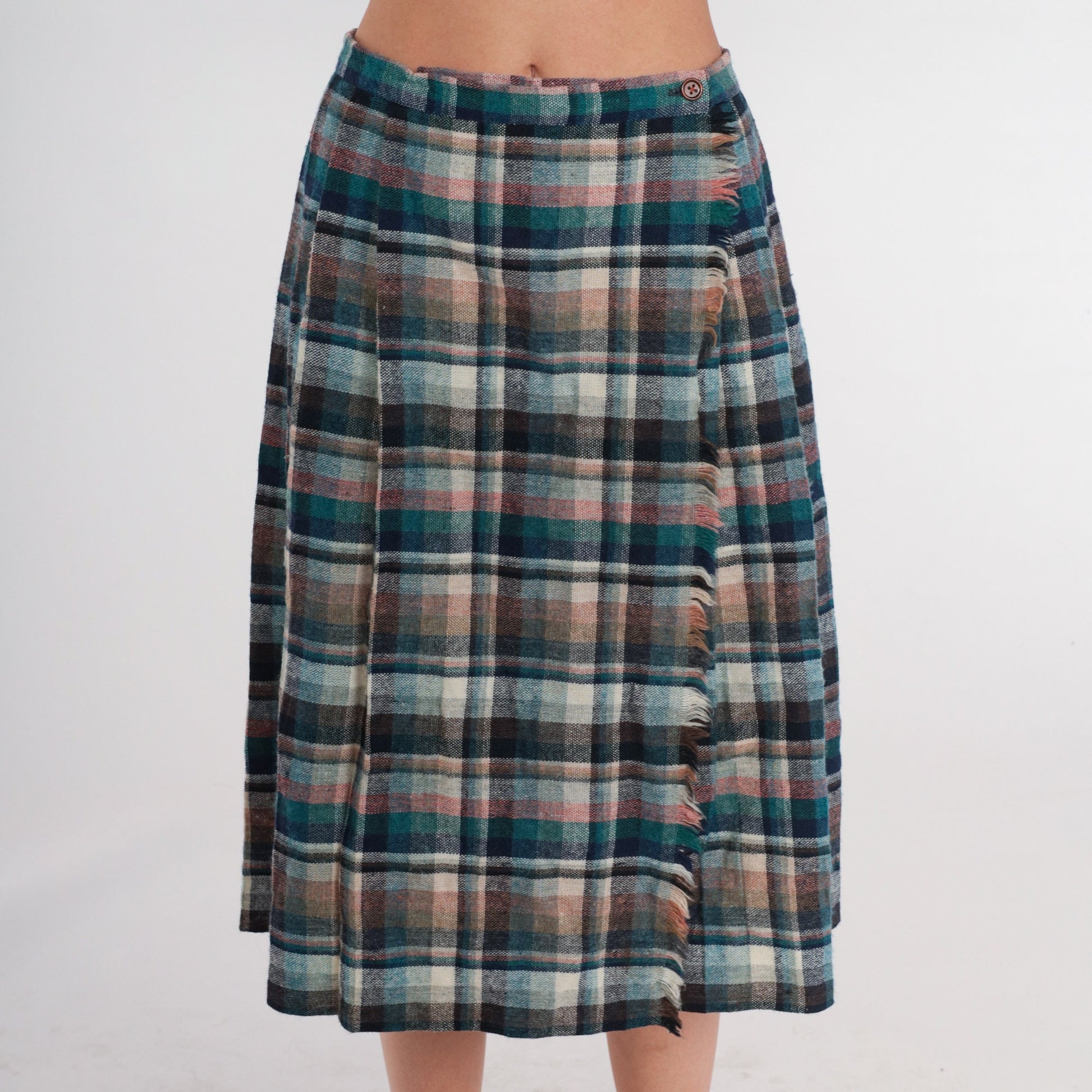 80s Plaid Wool Blend Midi Skirt High Waist Pleated Blue Green Small