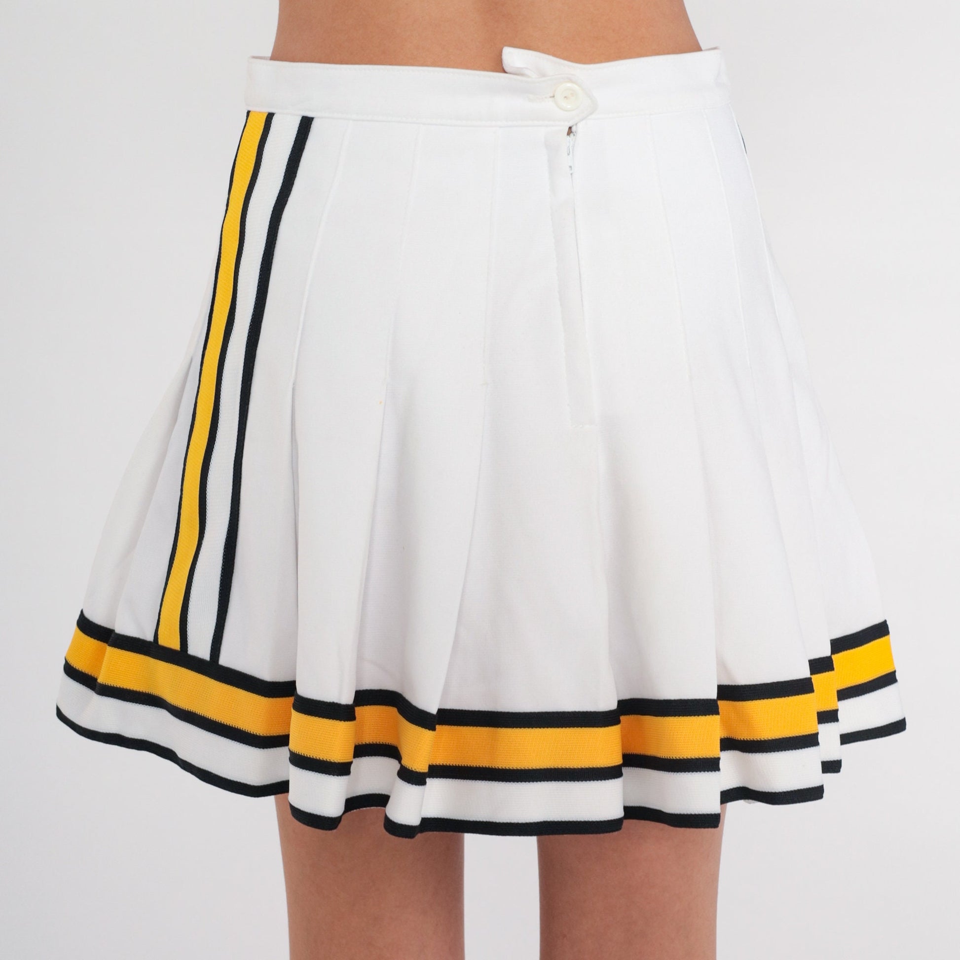 90s White Pleated Mini Skirt Yellow Black Striped High Waisted Small
