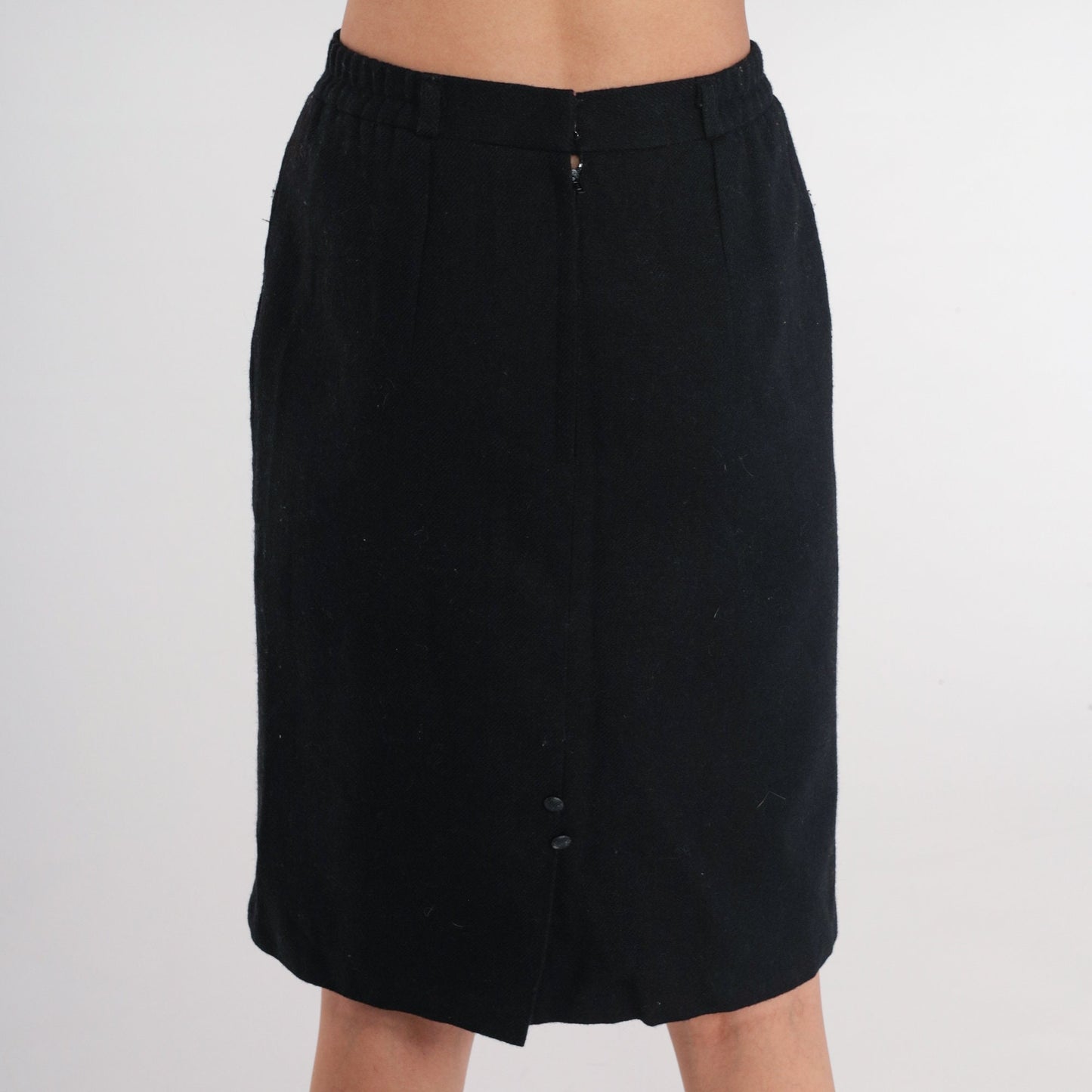 90s Black Wool Pencil Mini Skirt High Waist Rear Zip Extra Small